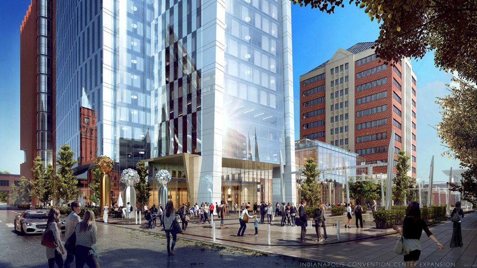 Downtown Indianapolis construction near the Signia hotel and convention center expansion discussed in relation to DCI and BOA events.