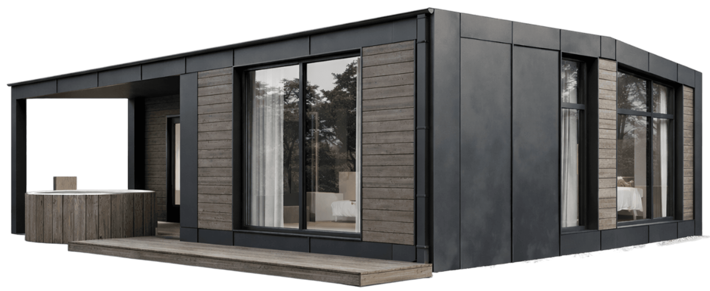 A modern black wooden house featuring large windows and a minimalist design, surrounded by a natural setting.
