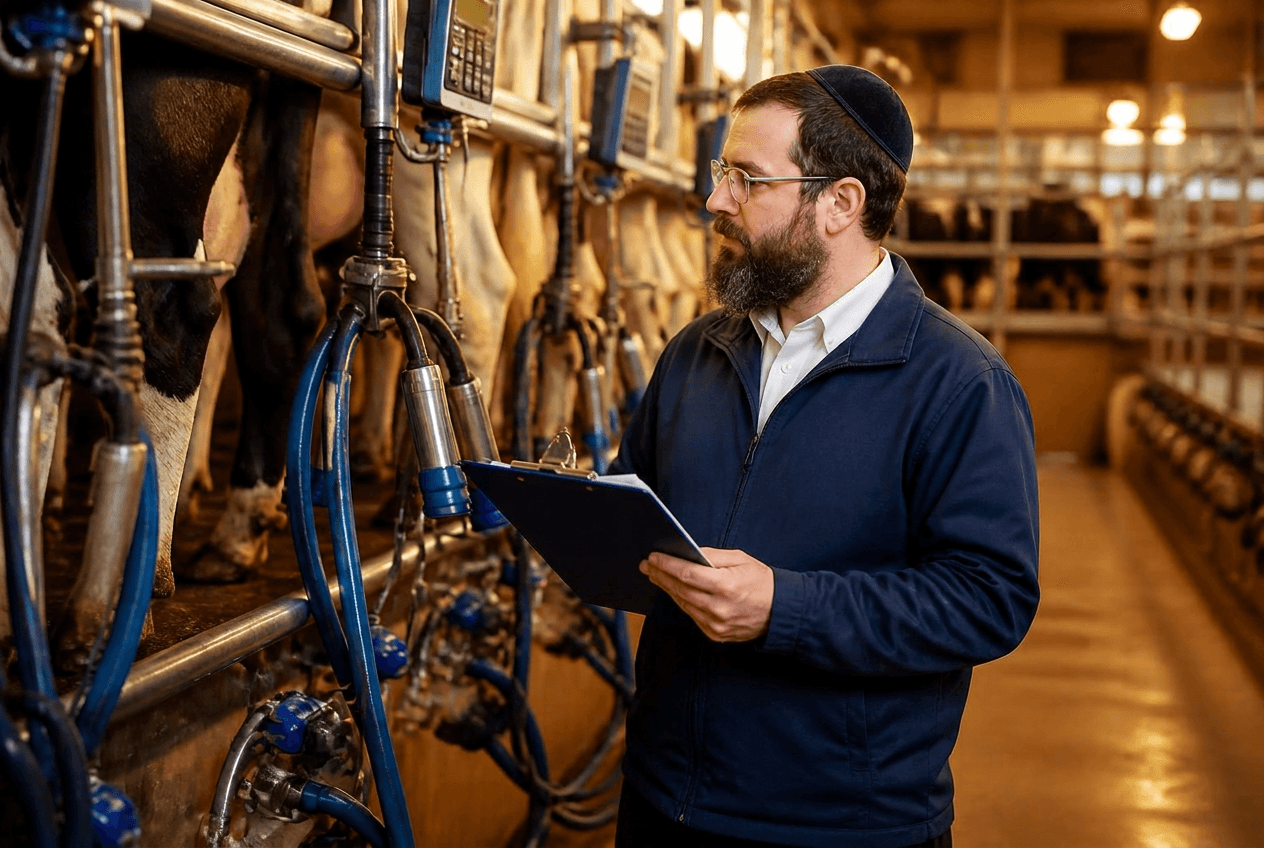 A kosher supervisor wearing a kippah reviewing notes on a clipboard in a dairy milking parlour