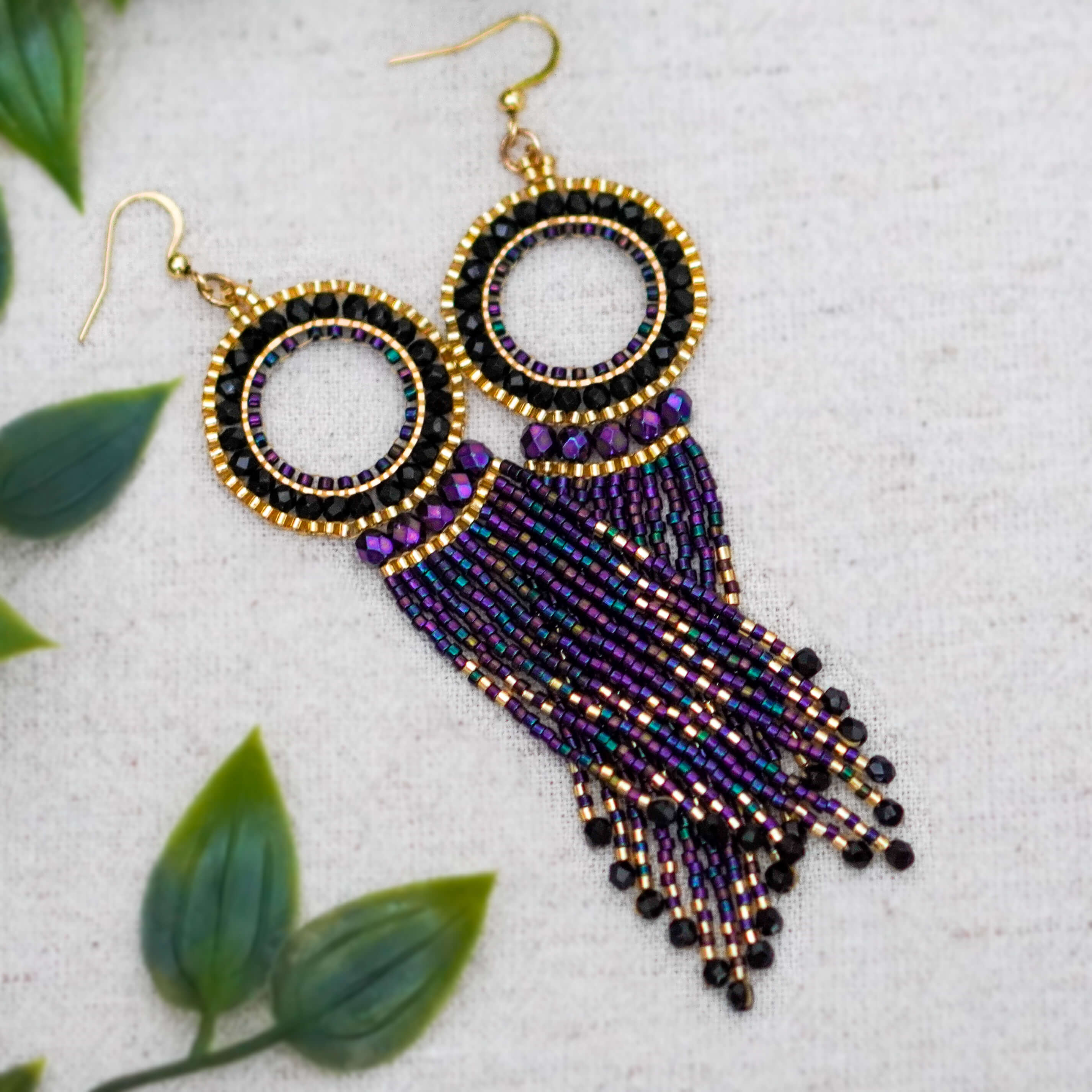 Kolczyki fioletowe ważkowe astro z koralików szklanych