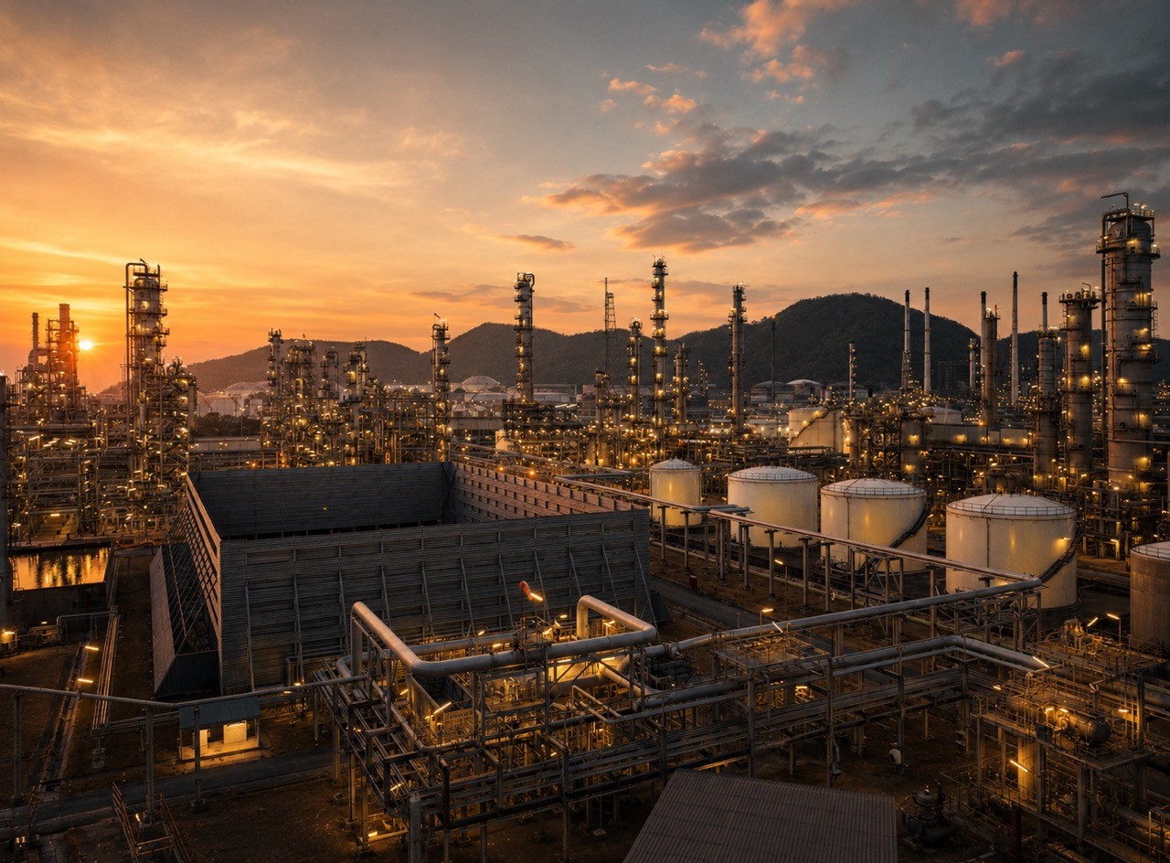 Petrochemical refinery at dusk with storage tanks and processing towers illuminated against the sunset sky