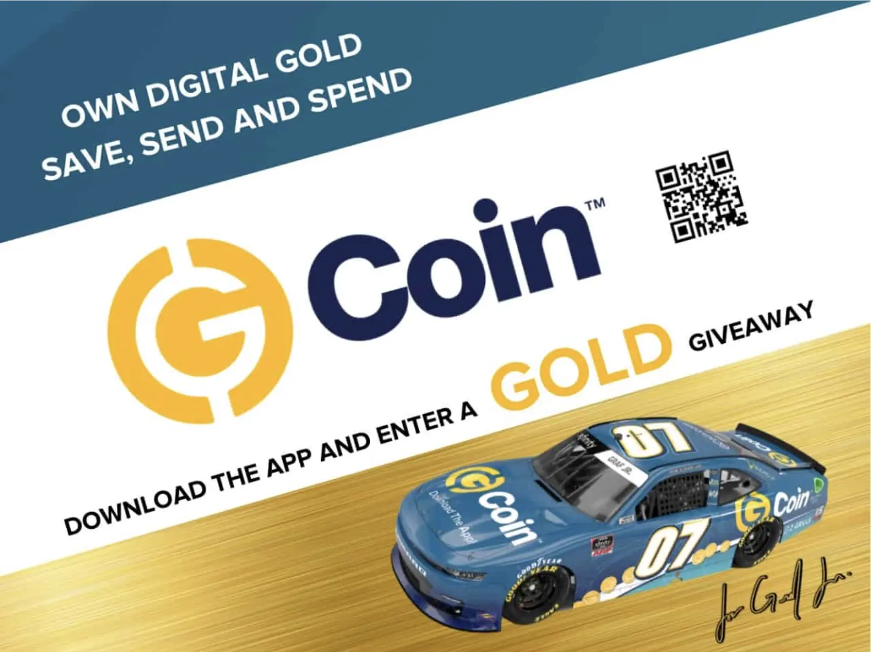 G-Coin promotional banner showing a blue number 07 NASCAR race car with the G-Coin logo and QR code encouraging viewers to download the app and enter a gold giveaway.