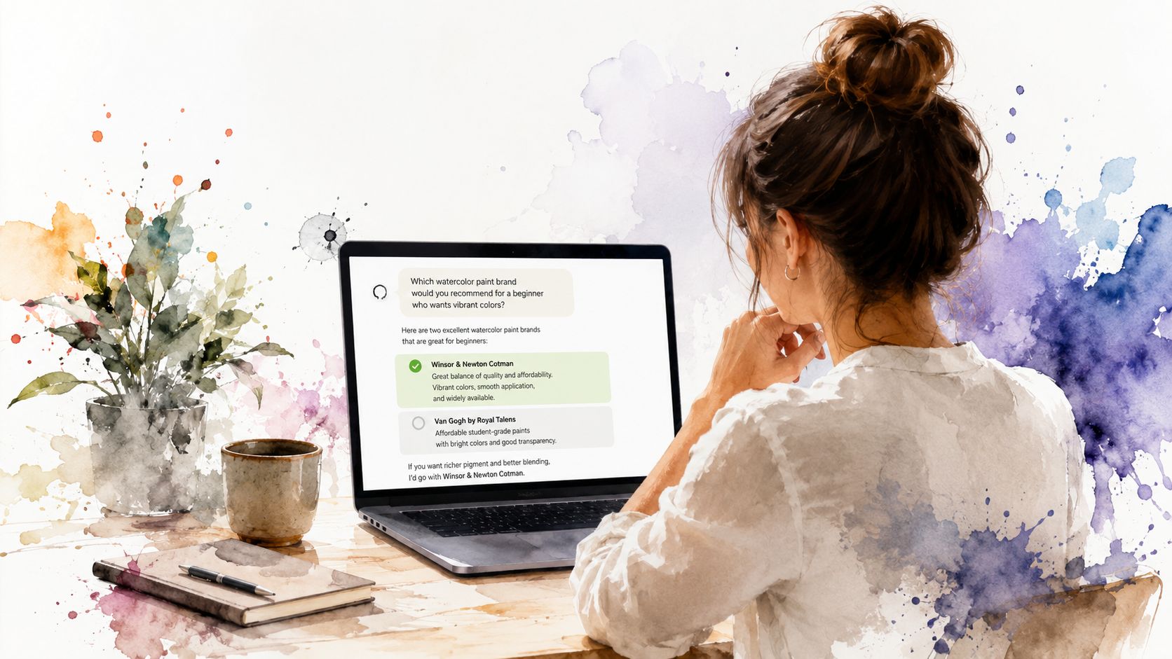 A woman working on a laptop at a desk with watercolor-themed background art in a studio.