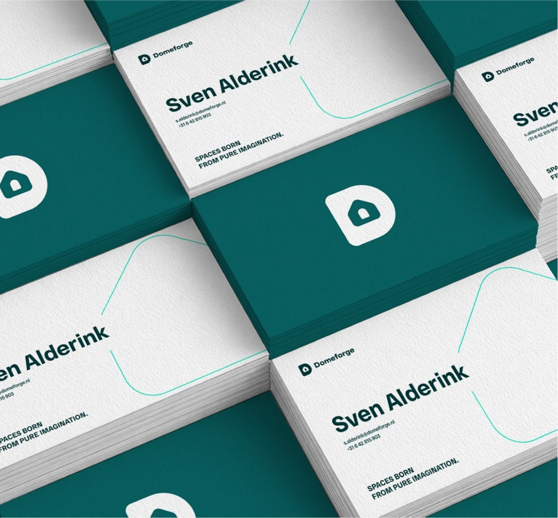 Domeforge business cards featuring logo application, teal and white color palette, and minimal typographic layout.