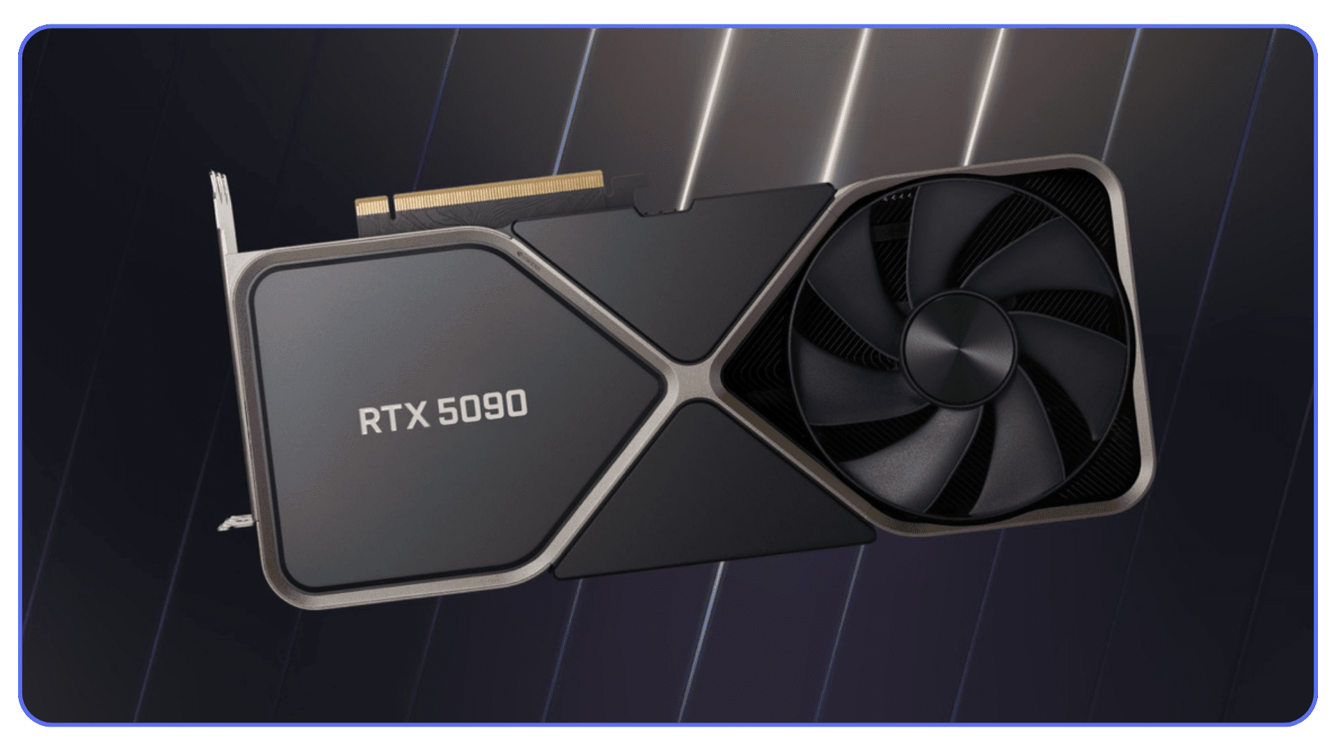 Product image of the NVIDIA RTX 5090 graphics card with a large cooling fan and dark background lighting.