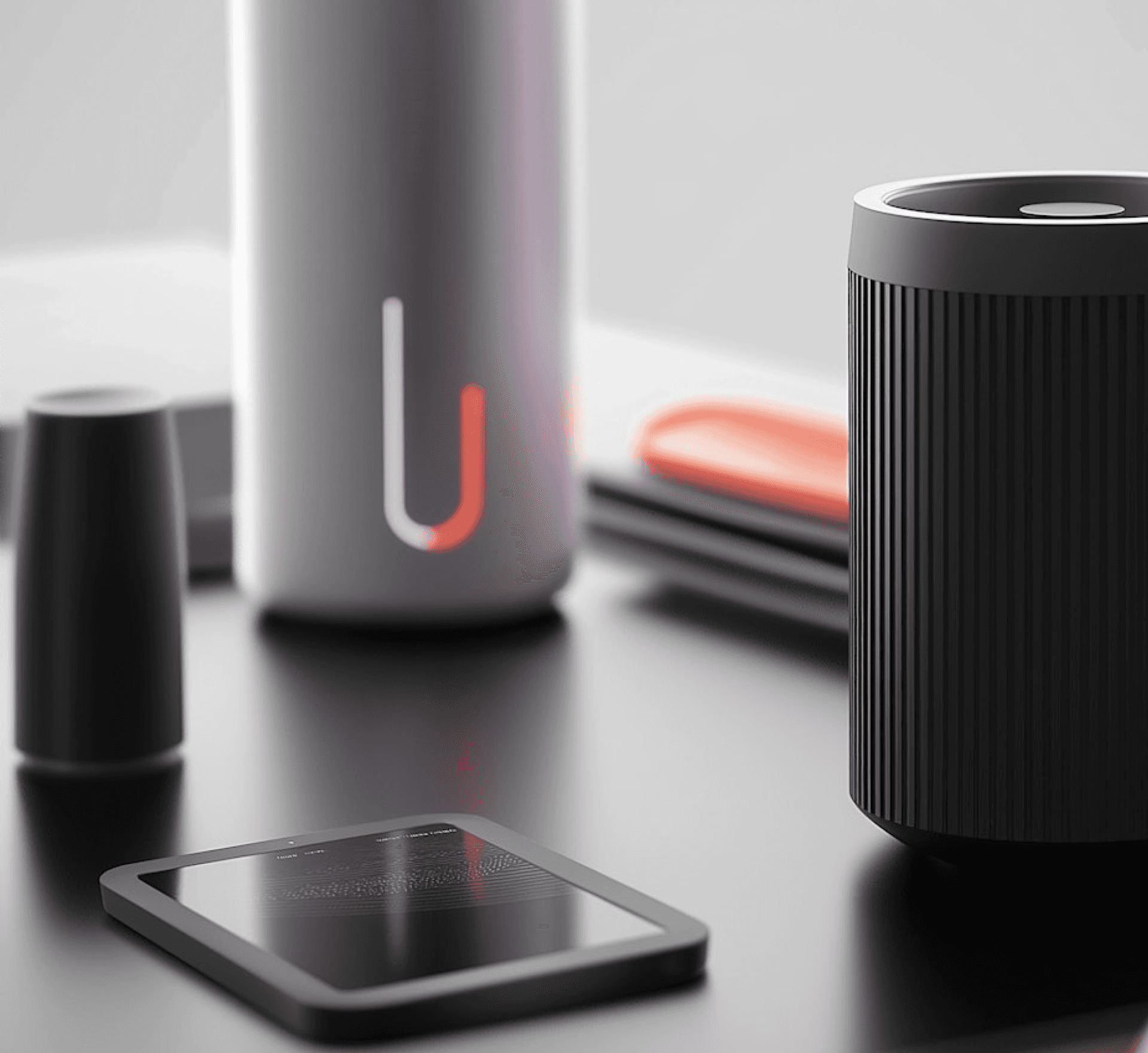 Sleek, futuristic gadgets with a glowing minimalist logo.