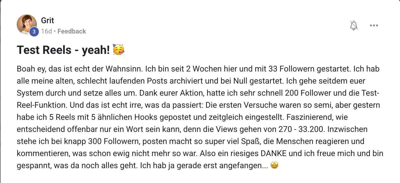 Kundenstimme KI Creator Akademie: Grit wächst in zwei Wochen von 33 auf knapp 300 Follower