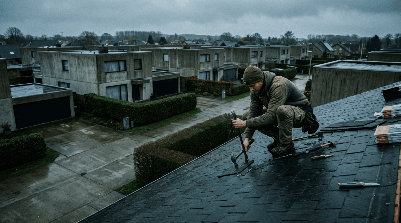 Roofing technicial replacing shingles on a house
