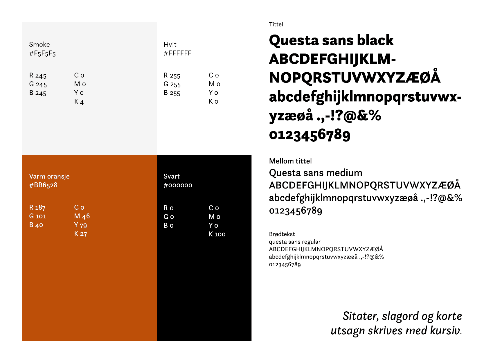 spesifikasjoner for farger og typografi for stiftelsen WE sin visuelle idnetitet