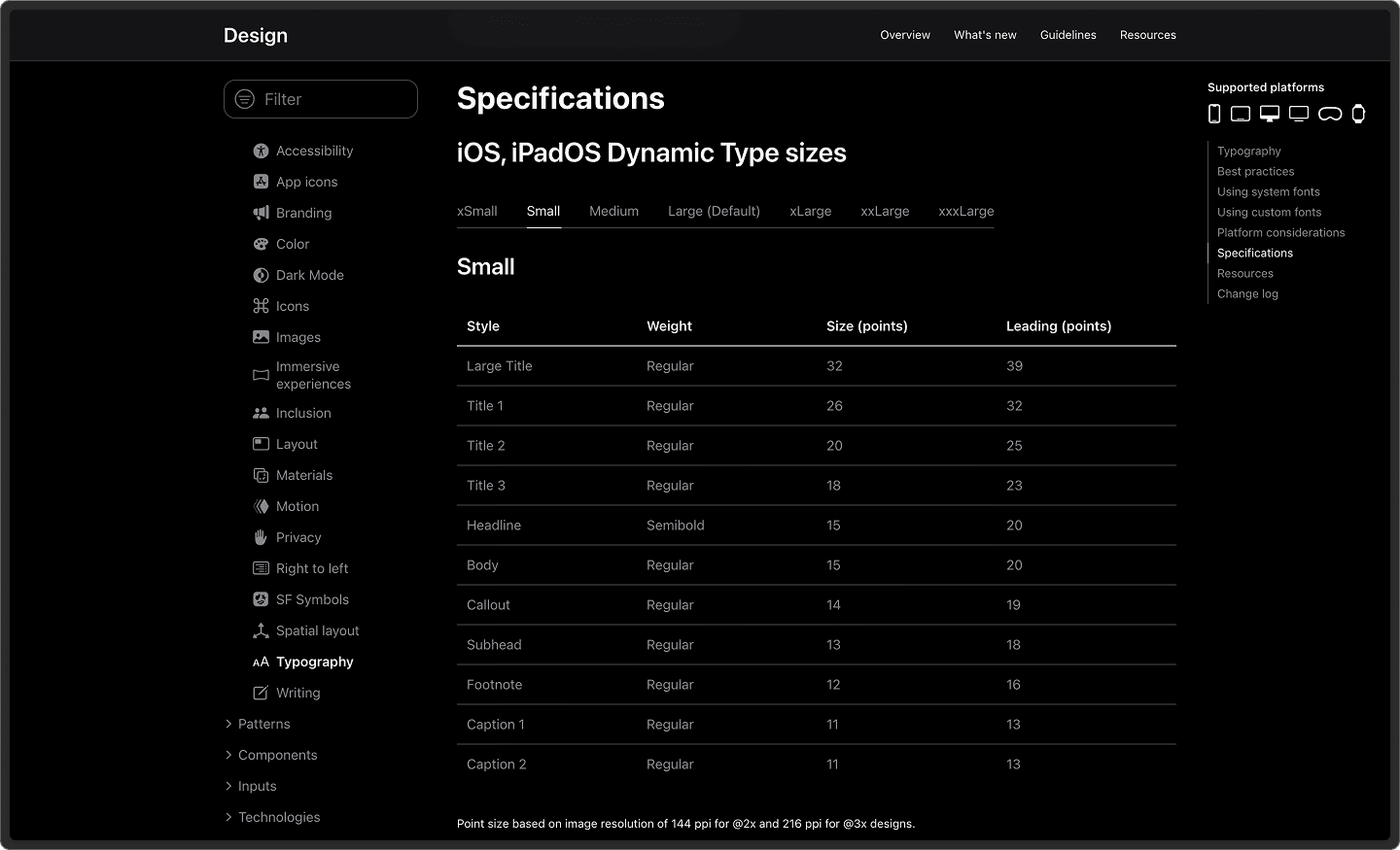 Tabela de tamanhos usados pela Apple