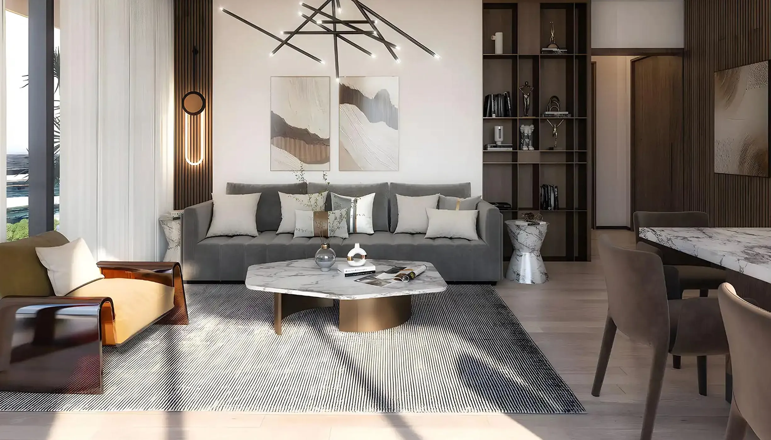  Modern apartment living room and dining area featuring radiant atrium towers, showcasing contemporary design and spaciousness.