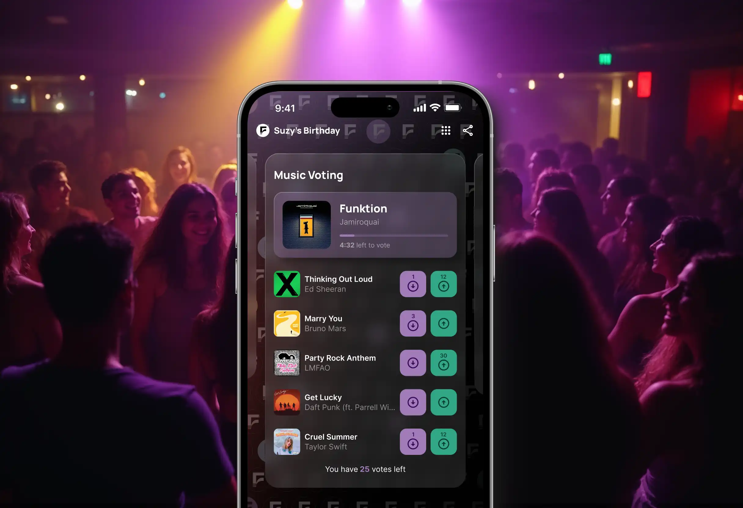 A crowd of people dancing in a bar with the Funktion app on a phone