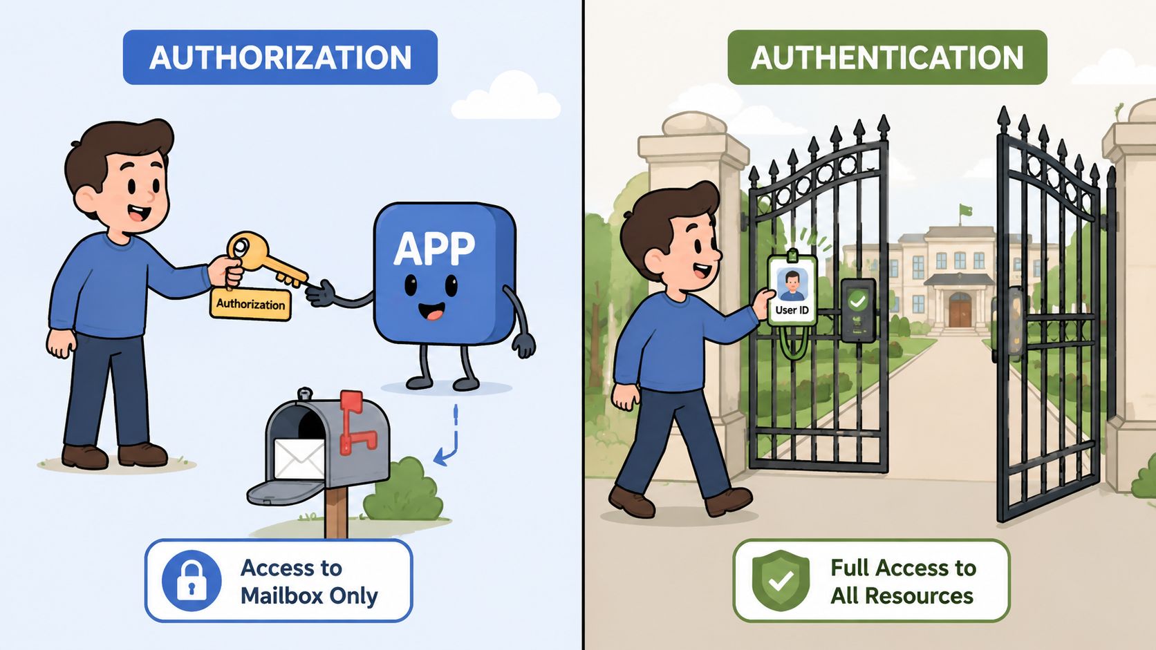 A split illustration comparing authentication with full gate access and authorization with restricted mailbox access.