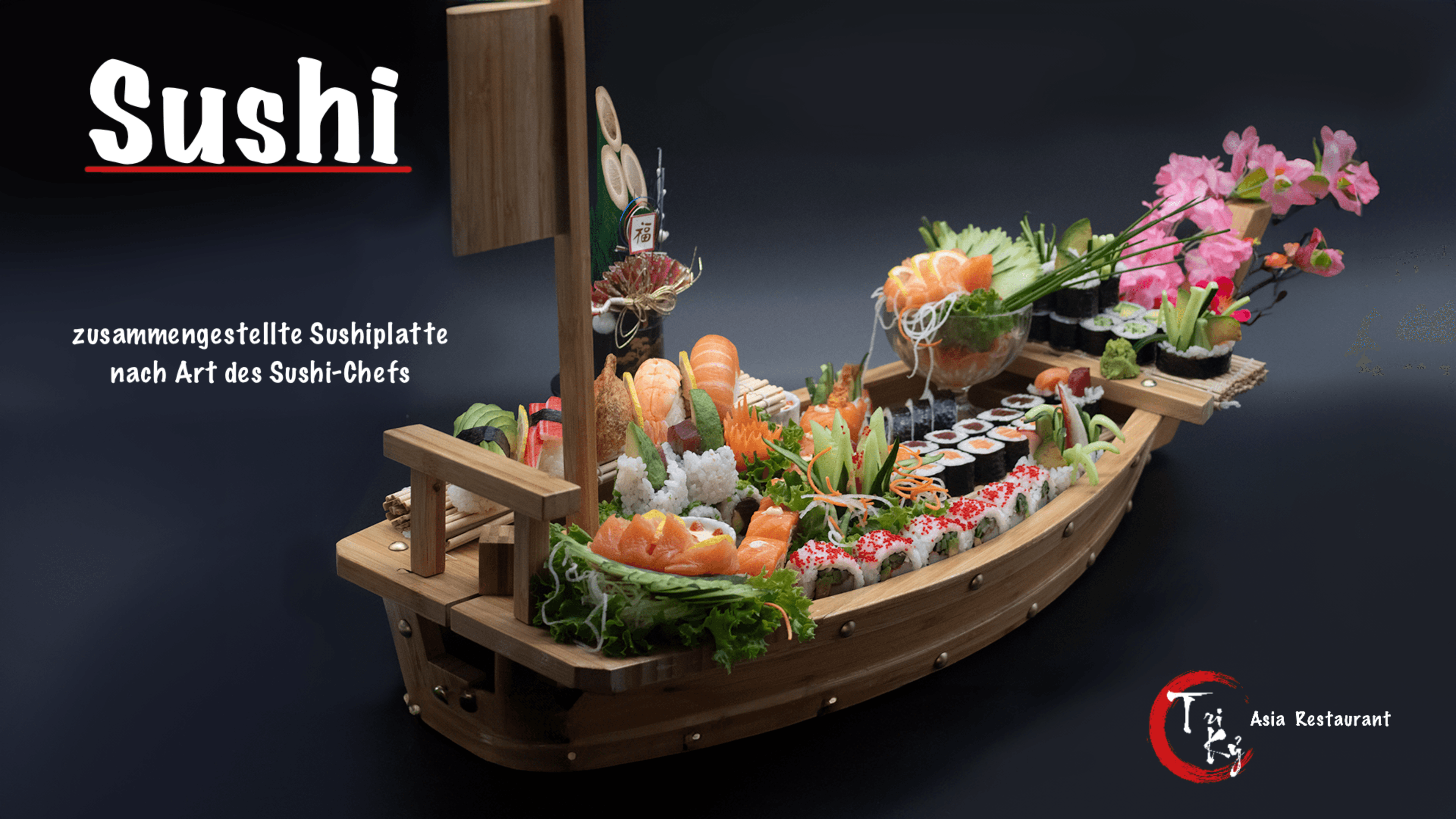 Sushi Menü auf Holzschiff serviert