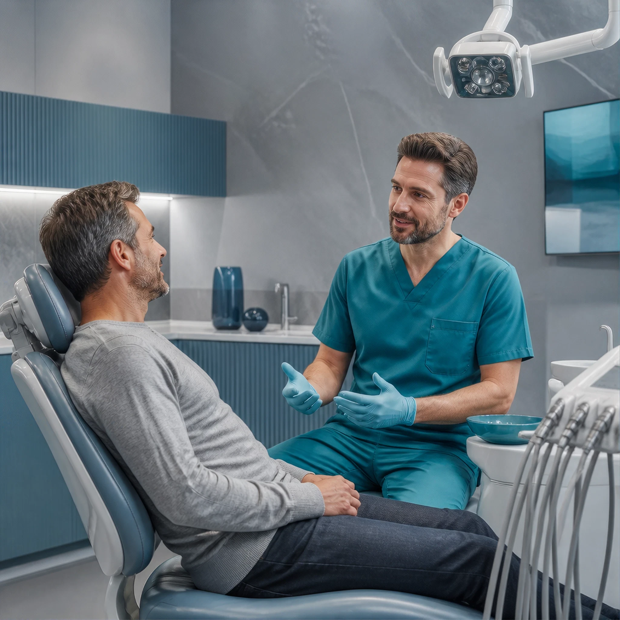 Smiling man resting comfortably in a modern dental chair during a routine oral health checkup.