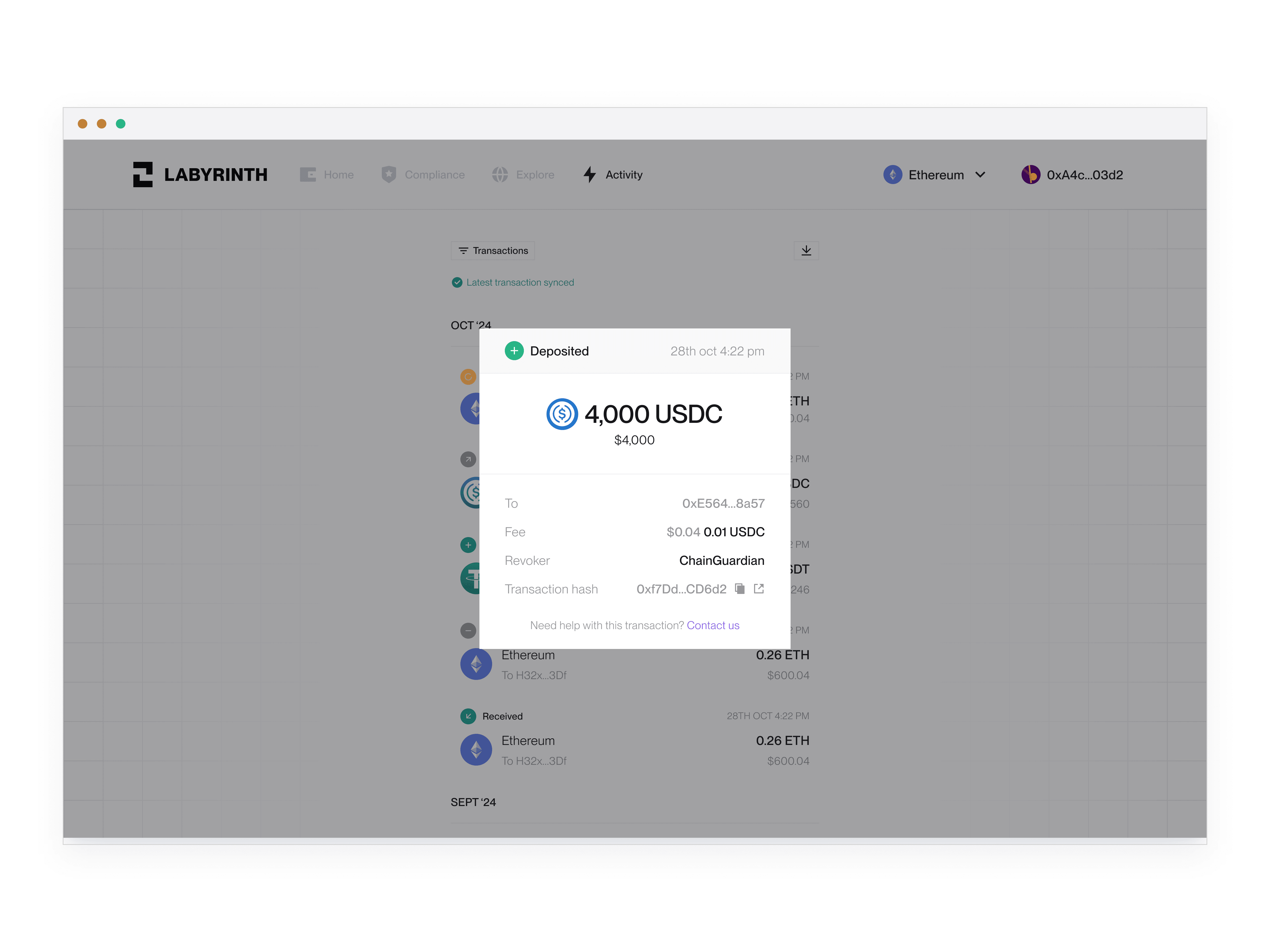Details of transaction with asset, detailed revoker info, transaction hash, fee breakdown in transaction history page