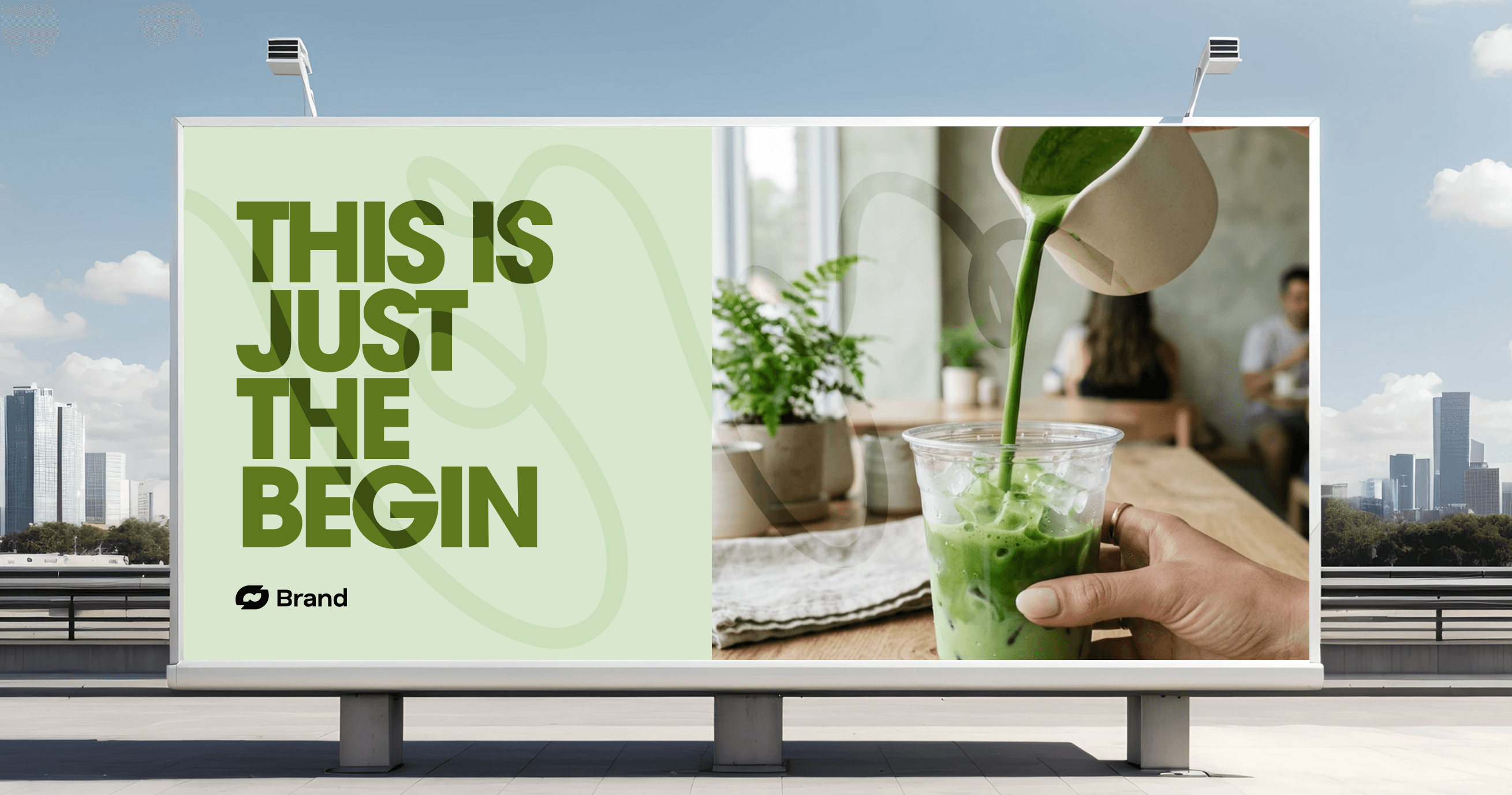 Billboard with green text and matcha being poured into a cup.