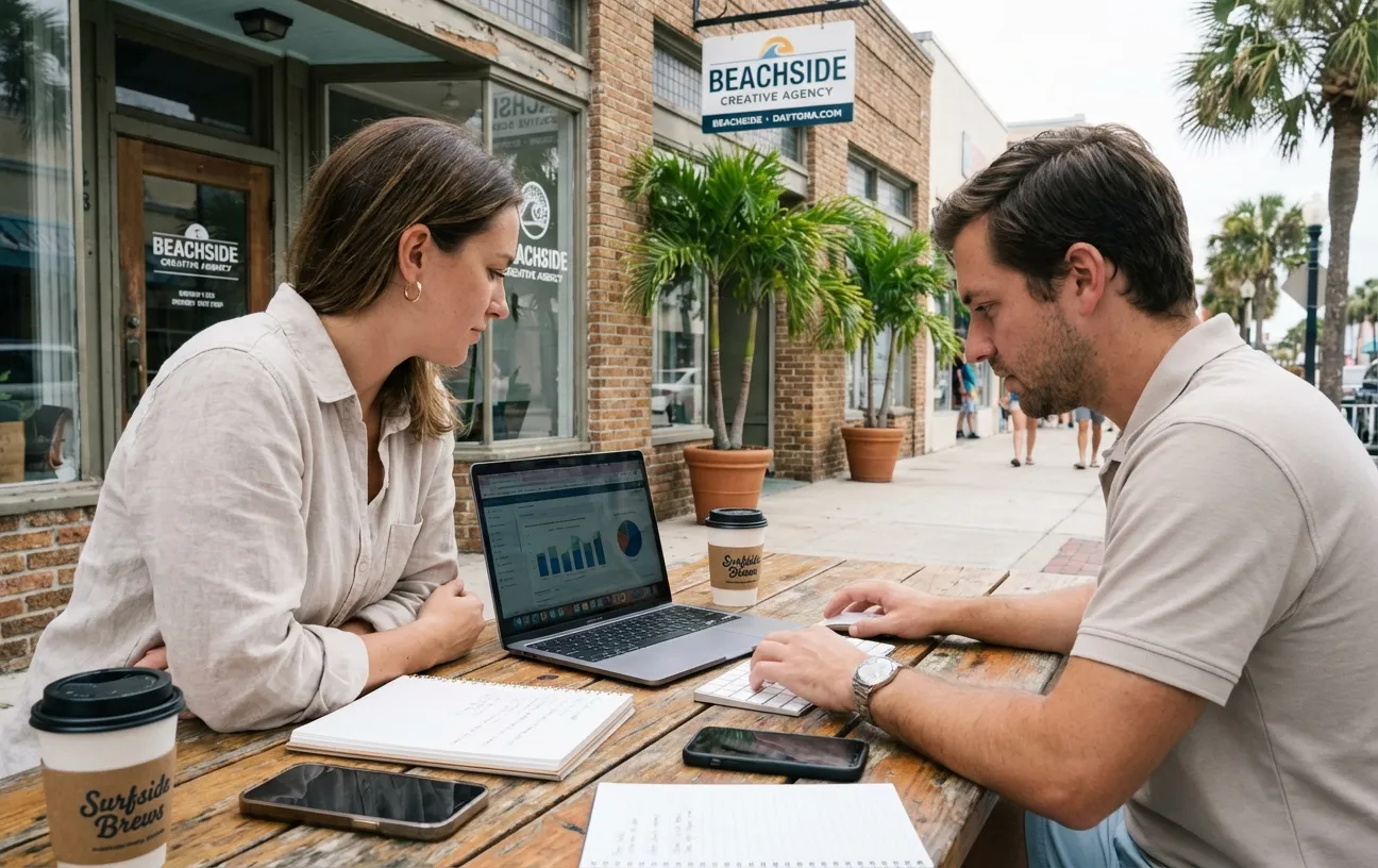 Two people collaborate at a laptop outside RockN' Socials Digital Marketing Agency.