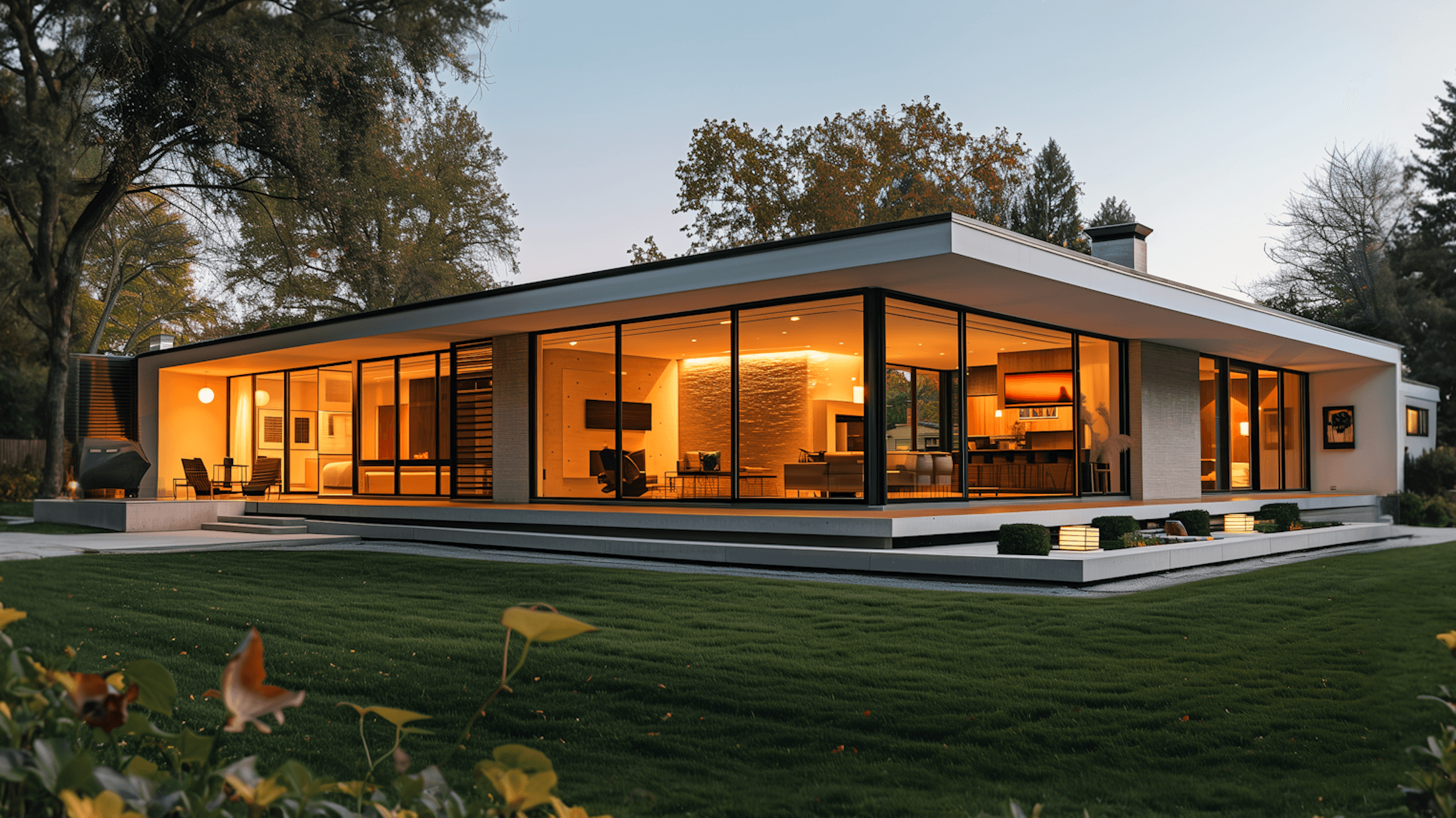 Modern single-story house with large windows, illuminated warmly at dusk, surrounded by greenery.