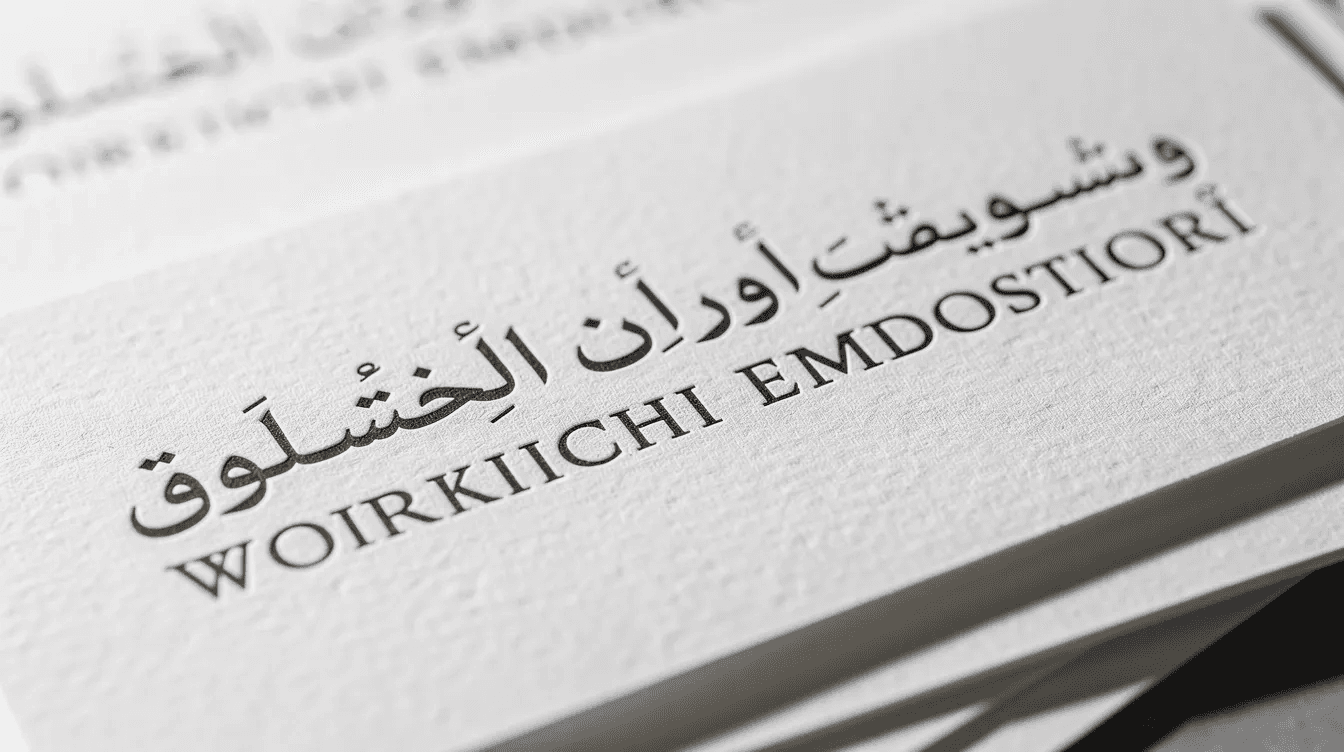 The image features a close-up view of elegant bilingual typography samples in Arabic and English, printed on thick white paper, showcasing high-quality visuals that reflect a strong brand identity. This design exemplifies the creative excellence and innovative solutions offered by a graphic design agency in Dubai.