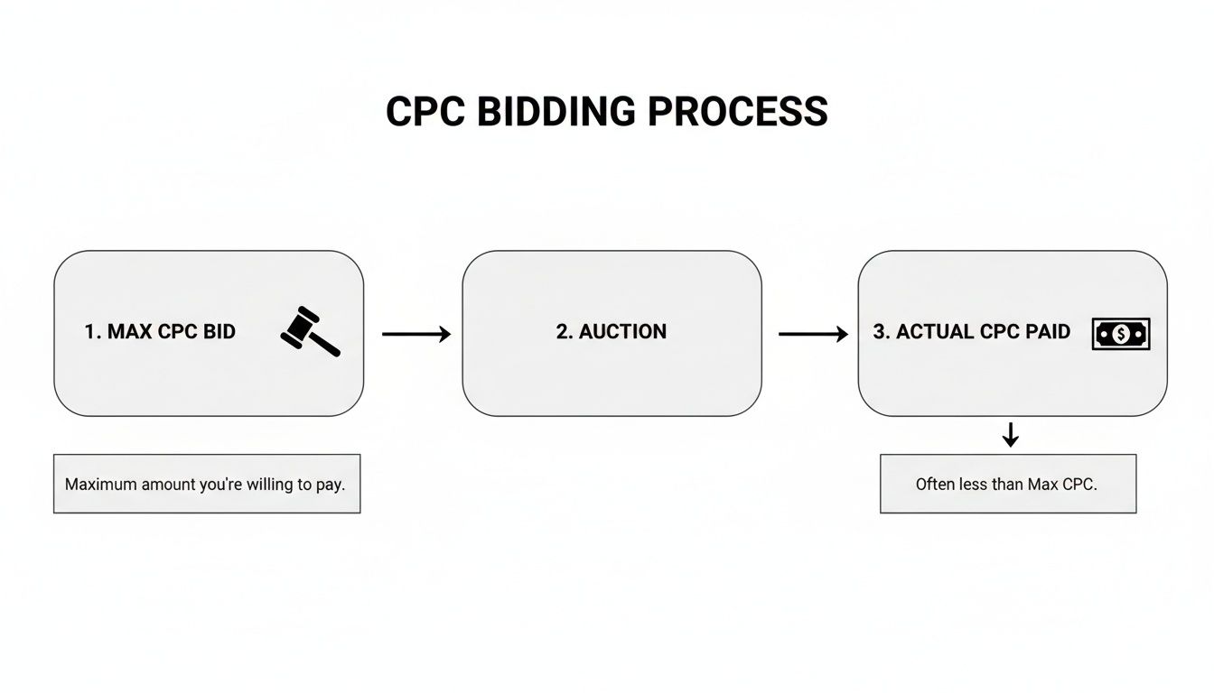 Flowchart illustrating the CPC bidding process, from the maximum bid to the auction and the actual cost paid.