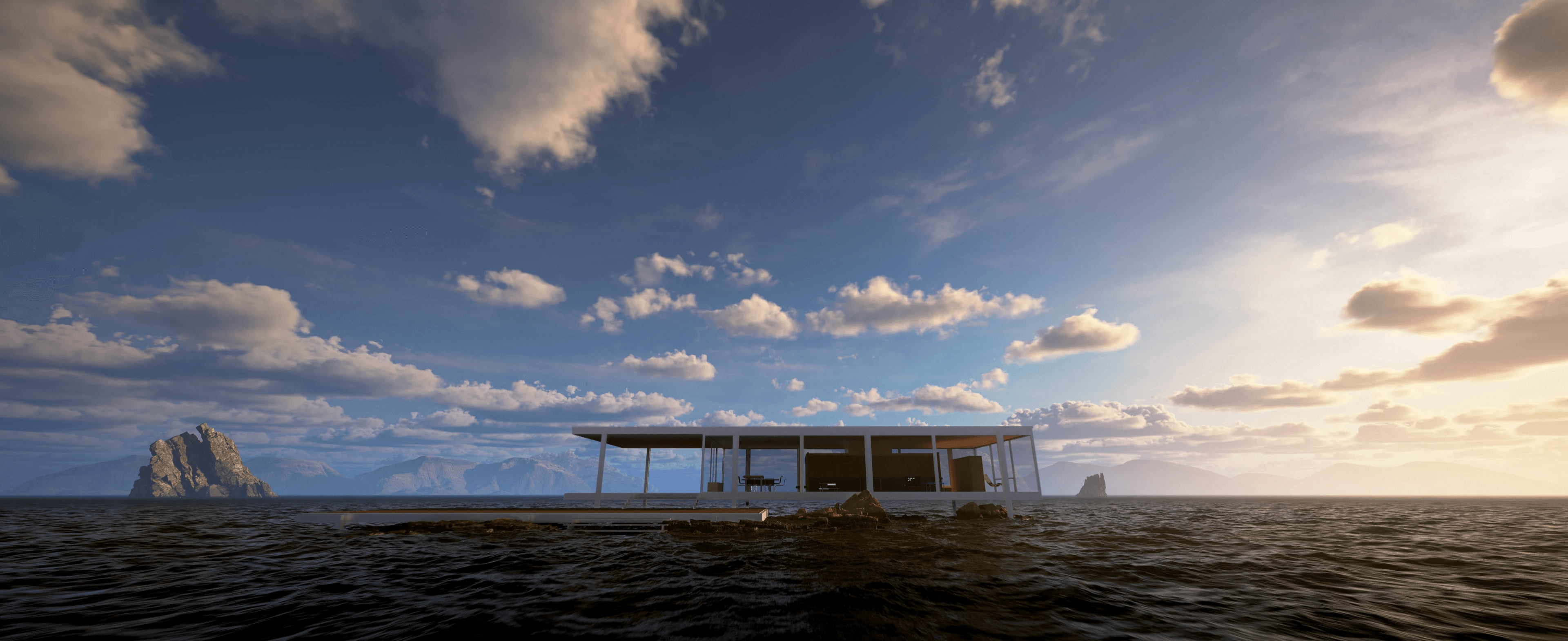 Waterfront architectural CGI render with a modern building reflected in calm sunset light