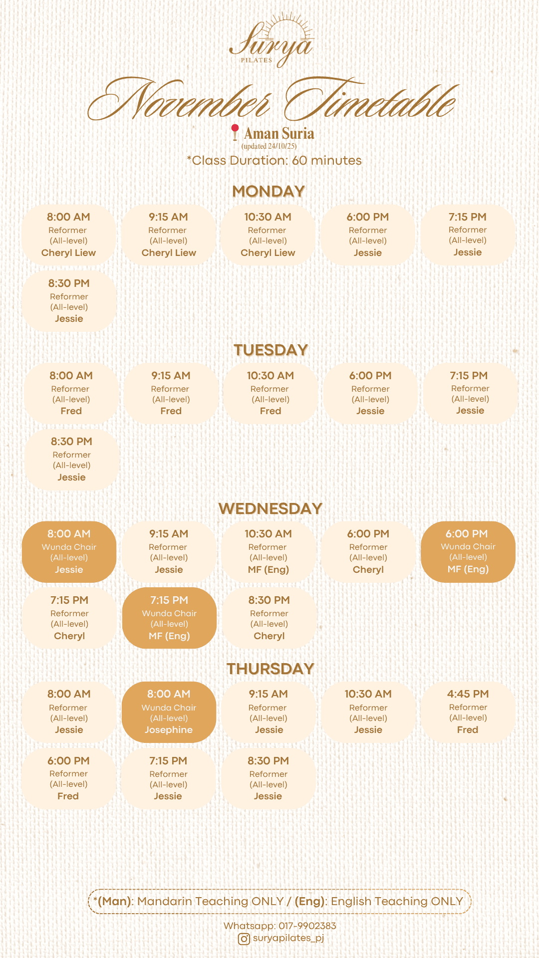 Surya Pilates Bukit Tinggi Schedule
