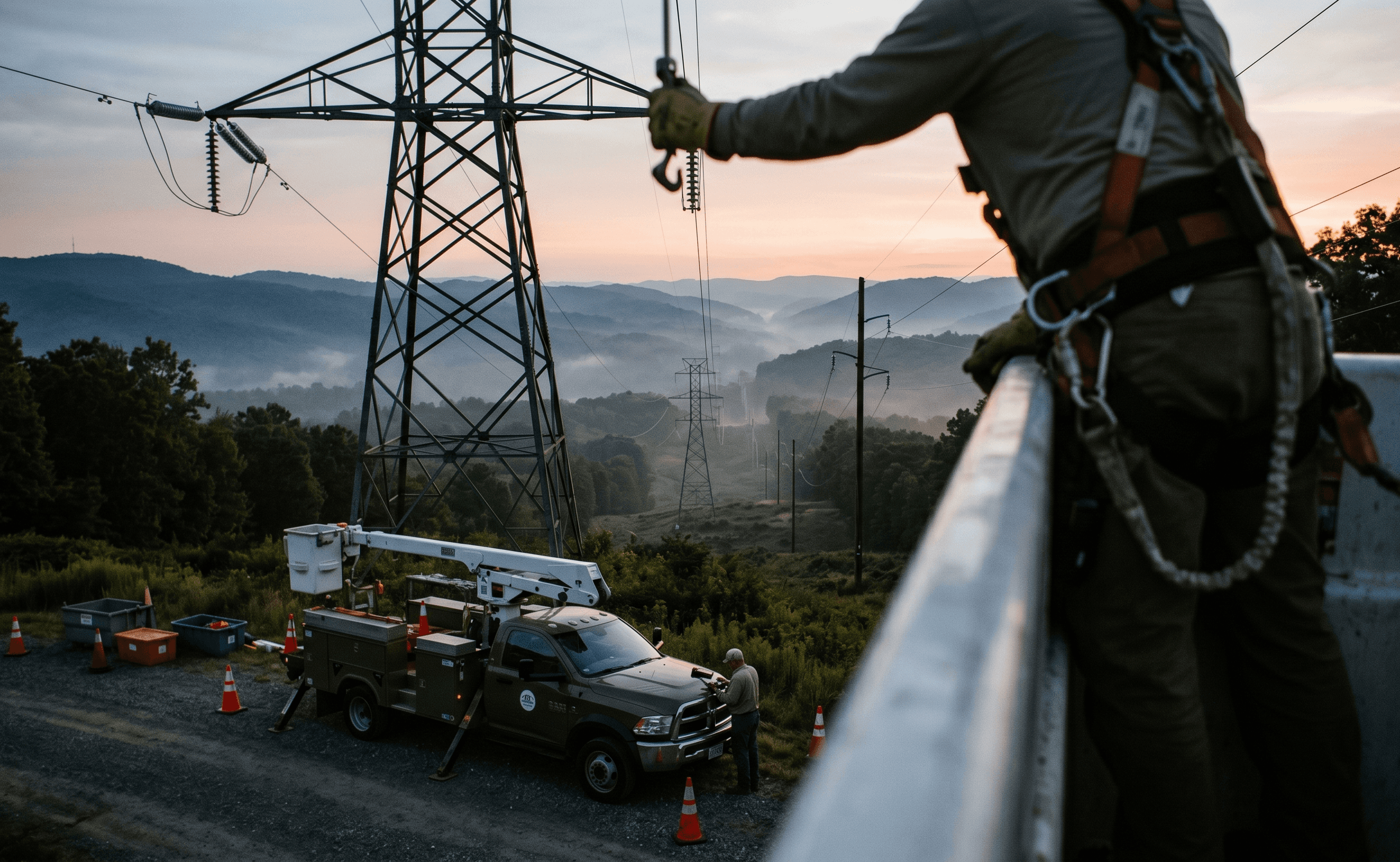 technician in box near transmission tower