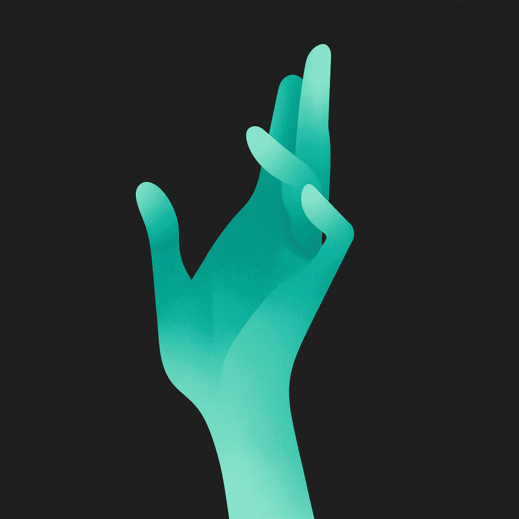 Minimalist abstract image of a stylized turquoise hand gesture on a dark background