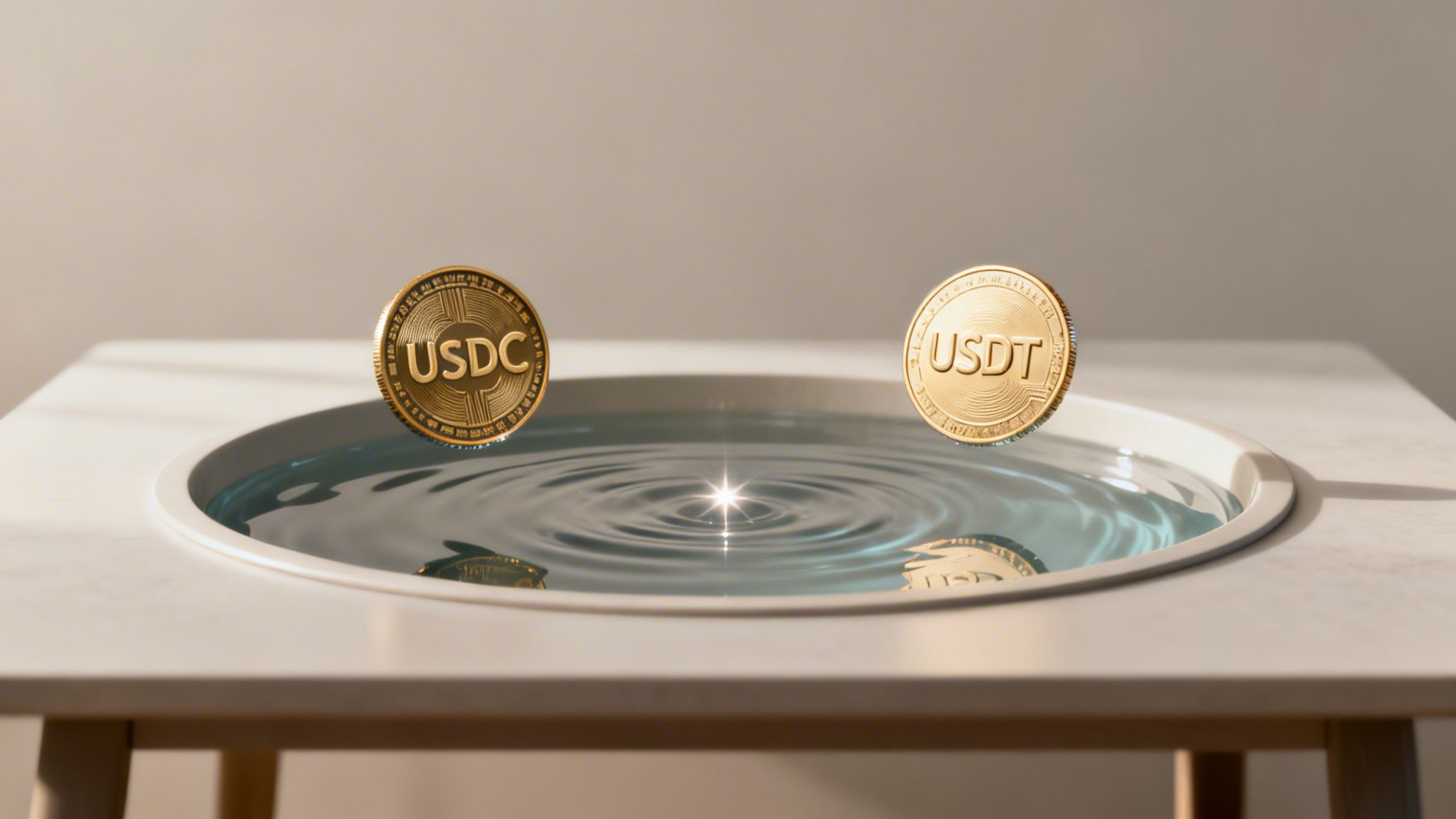 Two golden USDC and USDT stablecoin tokens floating above rippling water with reflections.