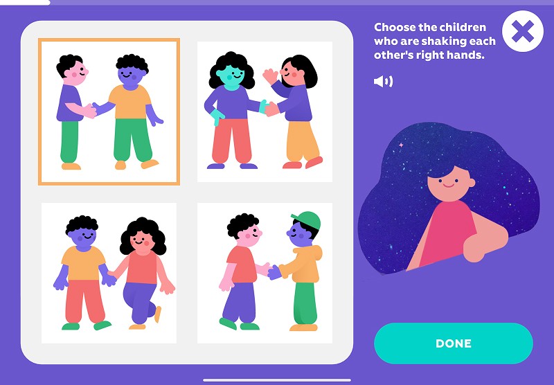 Left and right hand: find the kids who are shaking each other's right hands