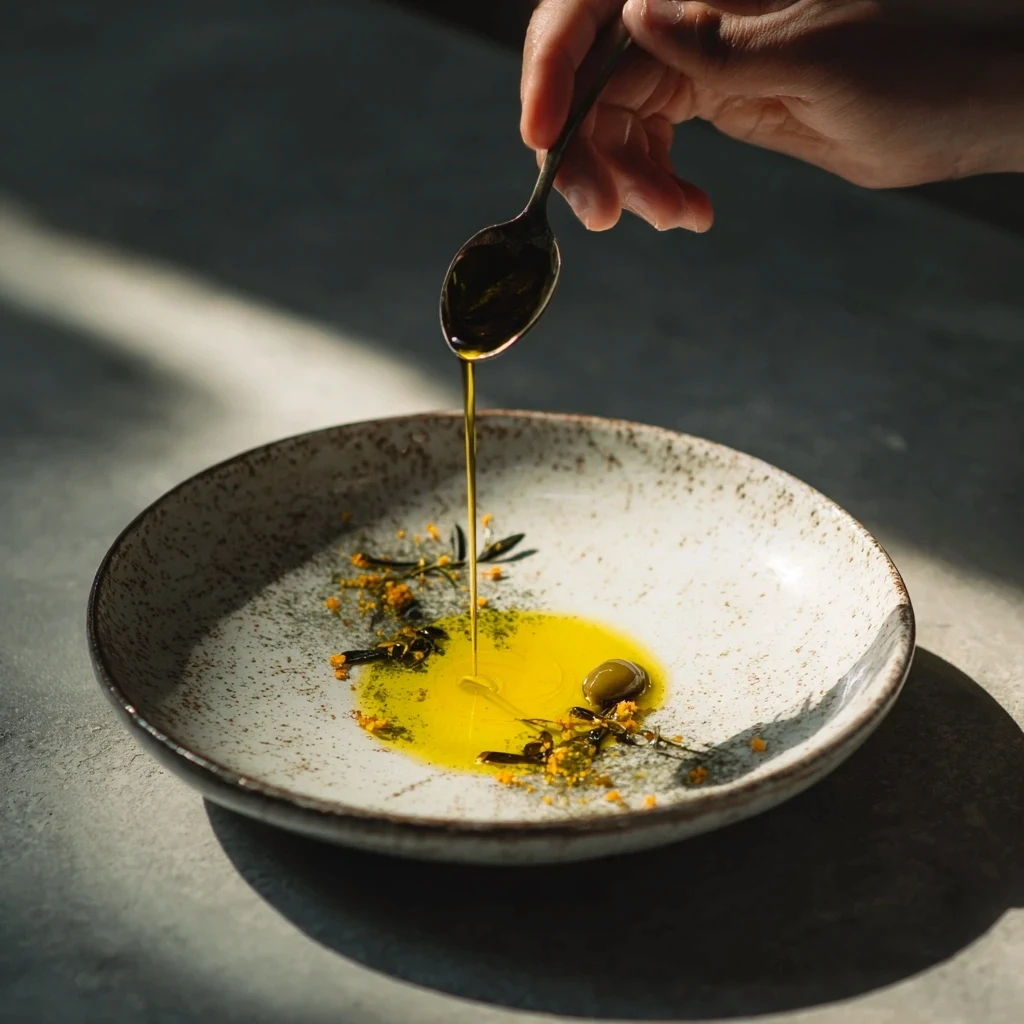OYM olive oil in a mixture of ingredients on a plate