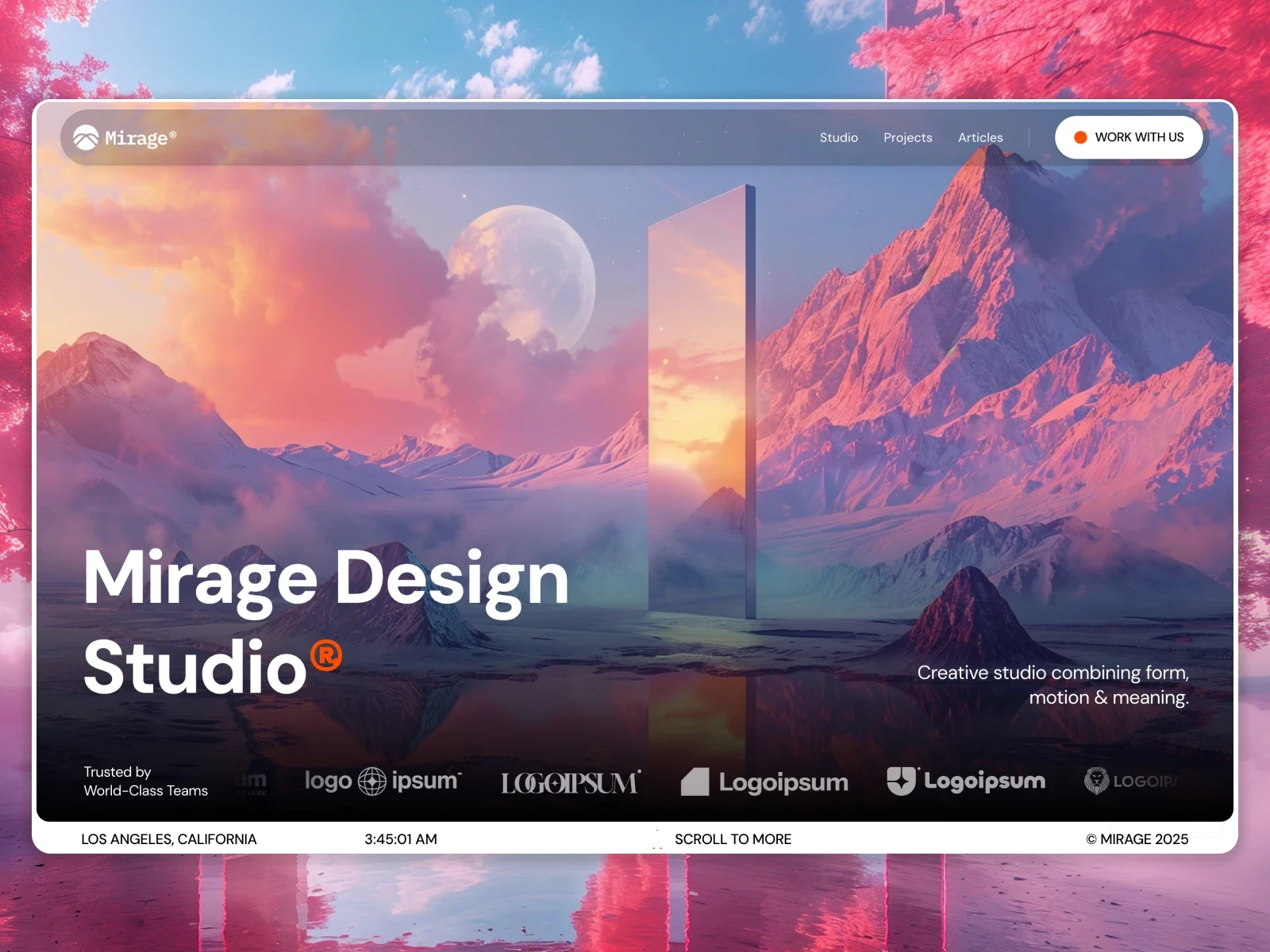 Mirage Studio — a futuristic Framer template crafted for creative studios and digital designers. Featuring immersive motion, a cinematic hero section, elegant typography, and fluid storytelling throughout every page.