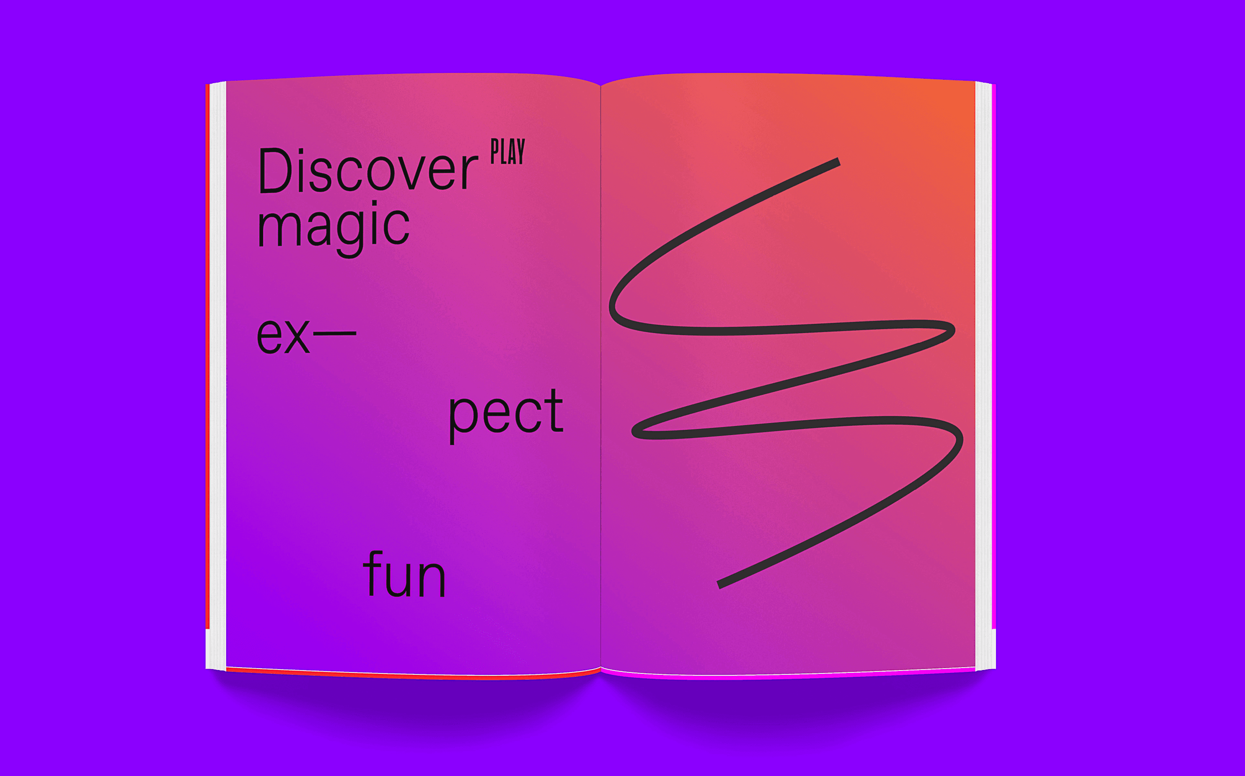 An open book displays a pink-to-orange gradient background. The left page features the text "Discover PLAY magic ex-pect fun" in a sans-serif font. The right page contains a black squiggly line. The book is positioned against a purple background.