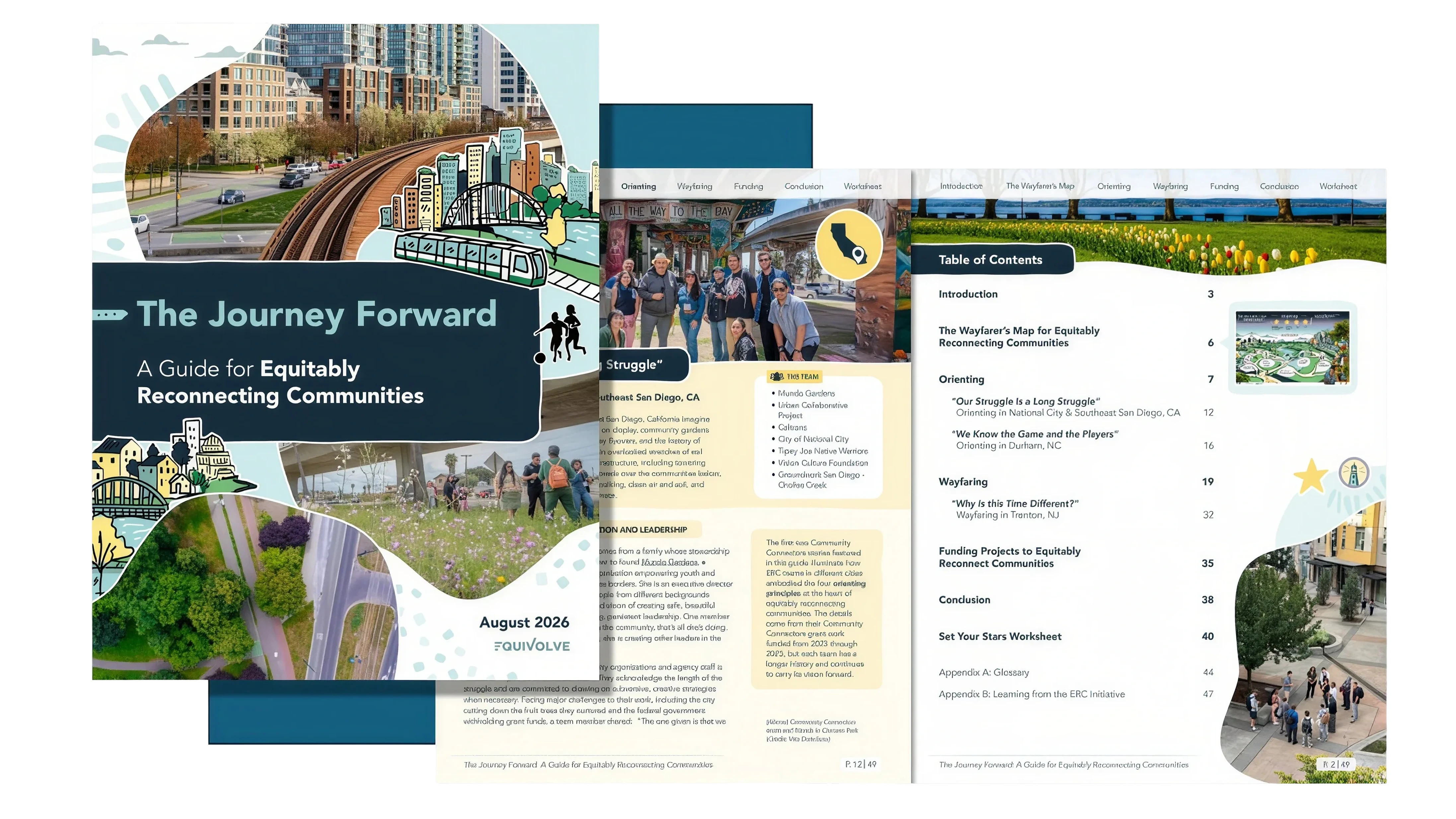 A promotional image showcasing a guide titled "The Journey Forward: A Guide for Equitably Reconnecting Communities," featuring urban landscapes, community activities, and a detailed table of contents emphasizing equity and community engagement.