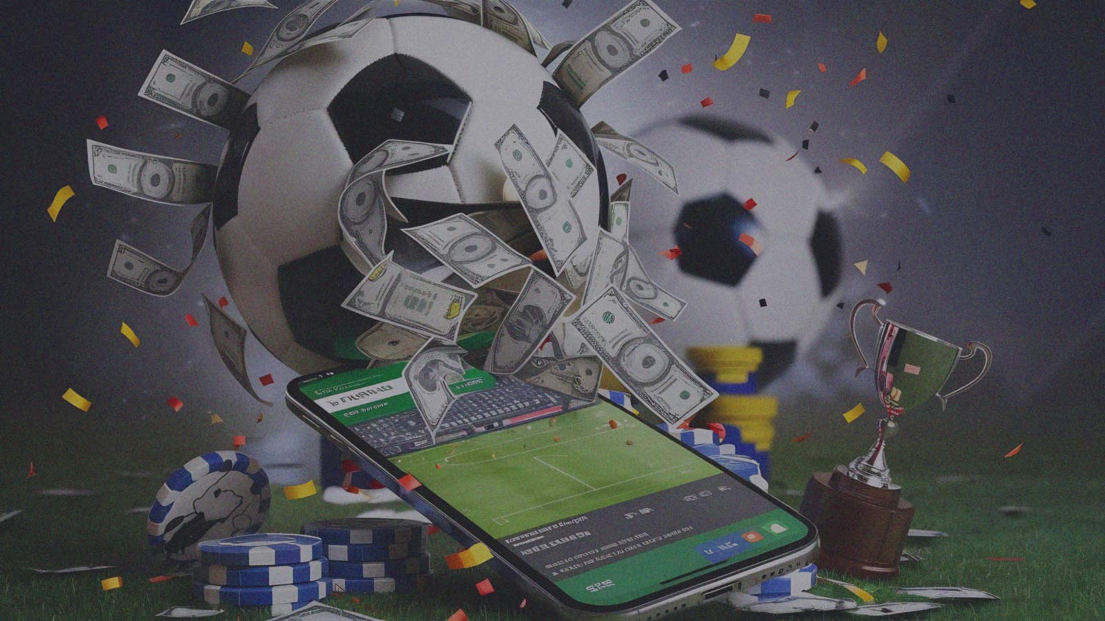 Imagen de un celular rodeado de pelotas de fútbol y algunos billetes, en columna de opinión "Apuestas sin pudor ni ley" de IdeaPaís.