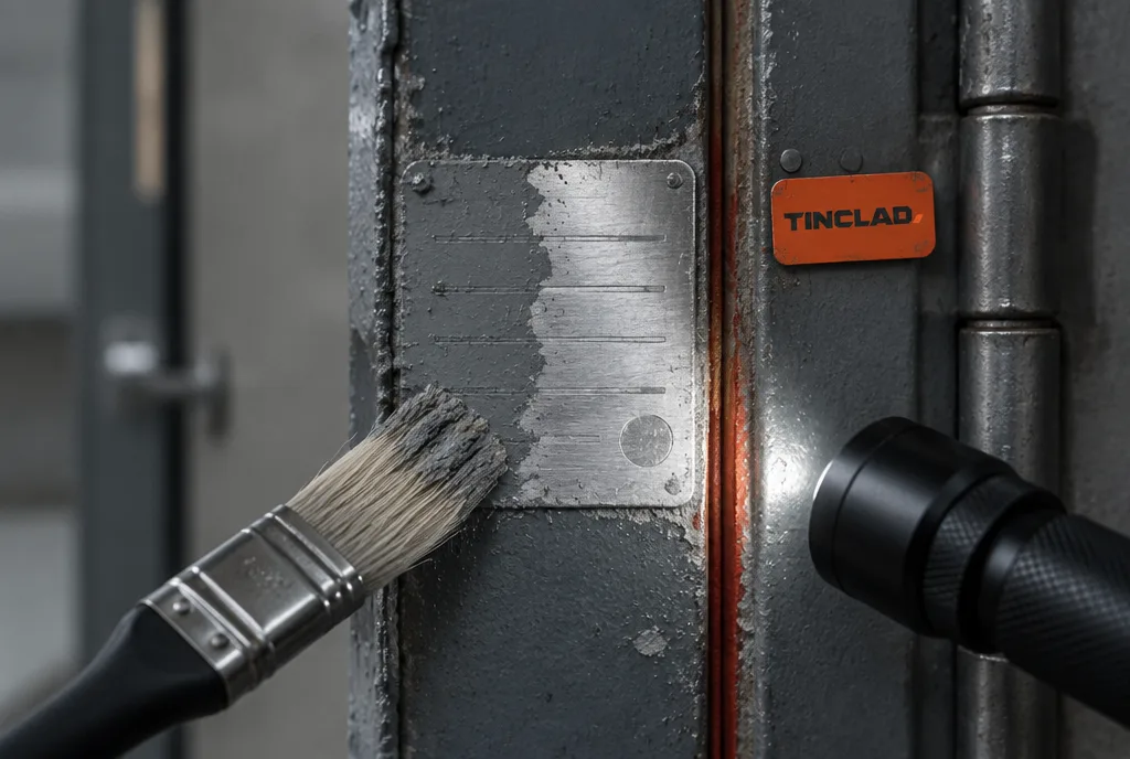 Painted fire door label being cleaned.
