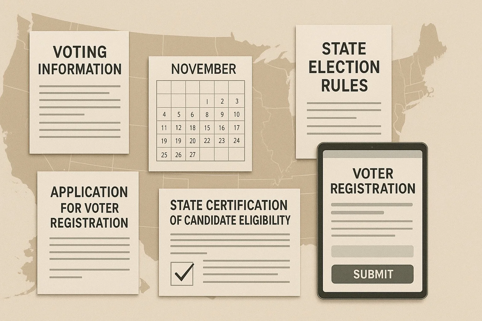 Collage of state-level paperwork, calendars, and digital forms over a subtle map overlay, illustrating varied rules and regulations.