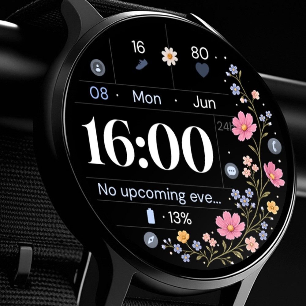 Modern Wear OS smartwatch displaying a digital watch face