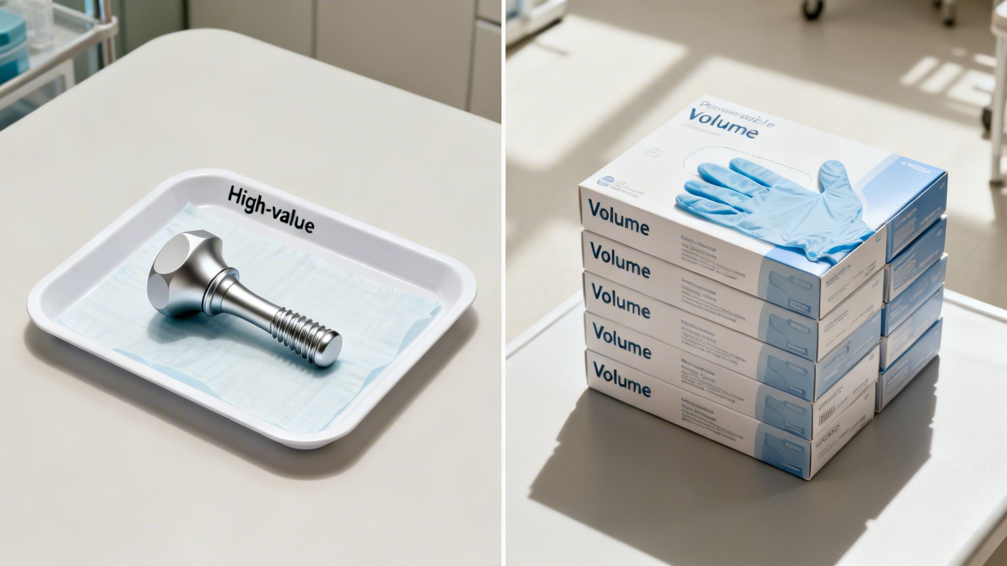 A shiny high-value medical tool on a tray contrasted with a large stack of 'Volume' disposable gloves.