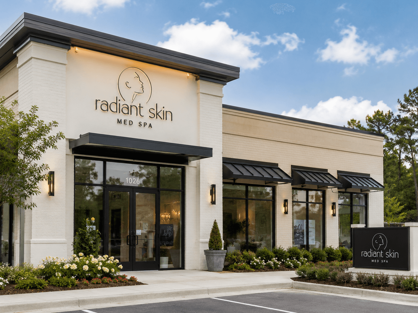 Exterior view of a single MedSpa location with a commercial-style building and parking lot, representing how ClinicROI helps track ad ROI, visits, and revenue for each individual location.