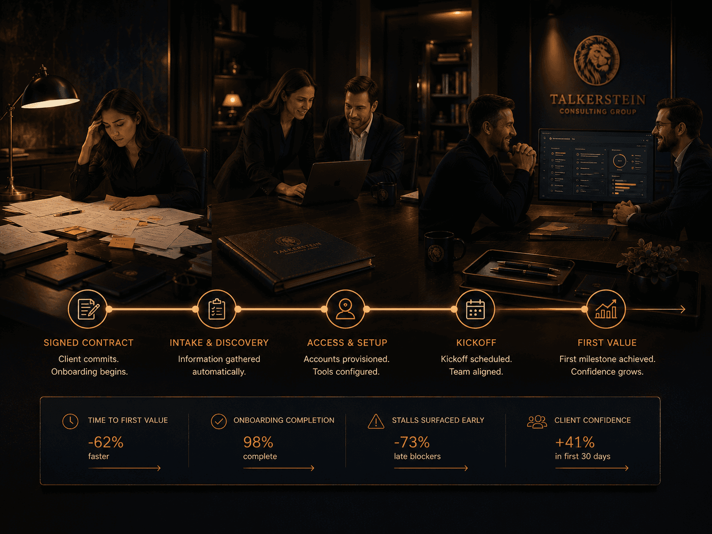 Client onboarding journey evolving from manual intake and delayed handoffs into a streamlined process with faster time to value and improved client confidence.