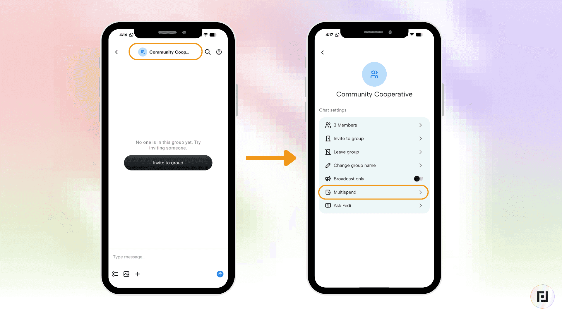 Fedi app Chat Settings screen for Community Cooperative group with the Multispend option highlighted in the settings menu