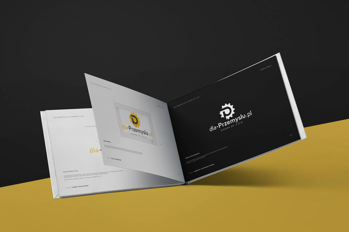 Rozkładówka księgi znaku prezentująca budowę logo oraz pole ochronne. Poprawna identyfikacja wizualna i spójny wizerunek korporacyjny.