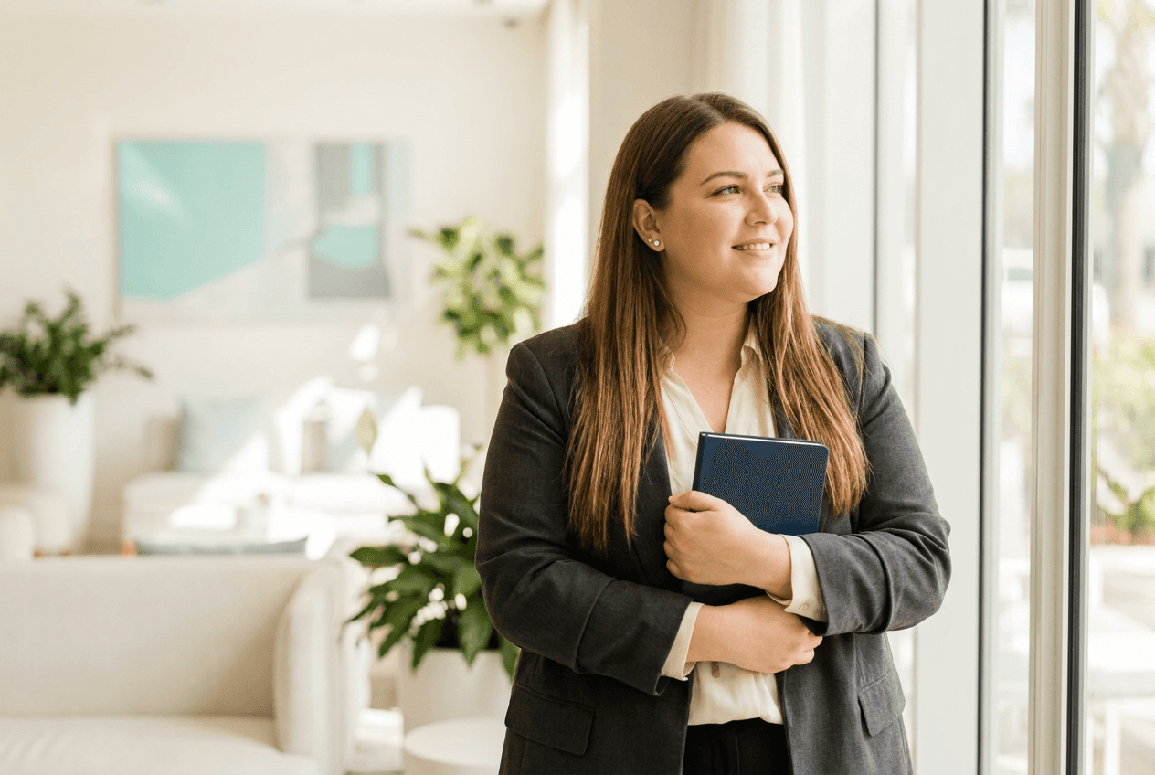 Woman leaving a meeting in a bright, modern lobby, holding a notebook to her chest and smiling thoughtfully to convey relief and confidence after professional guidance.