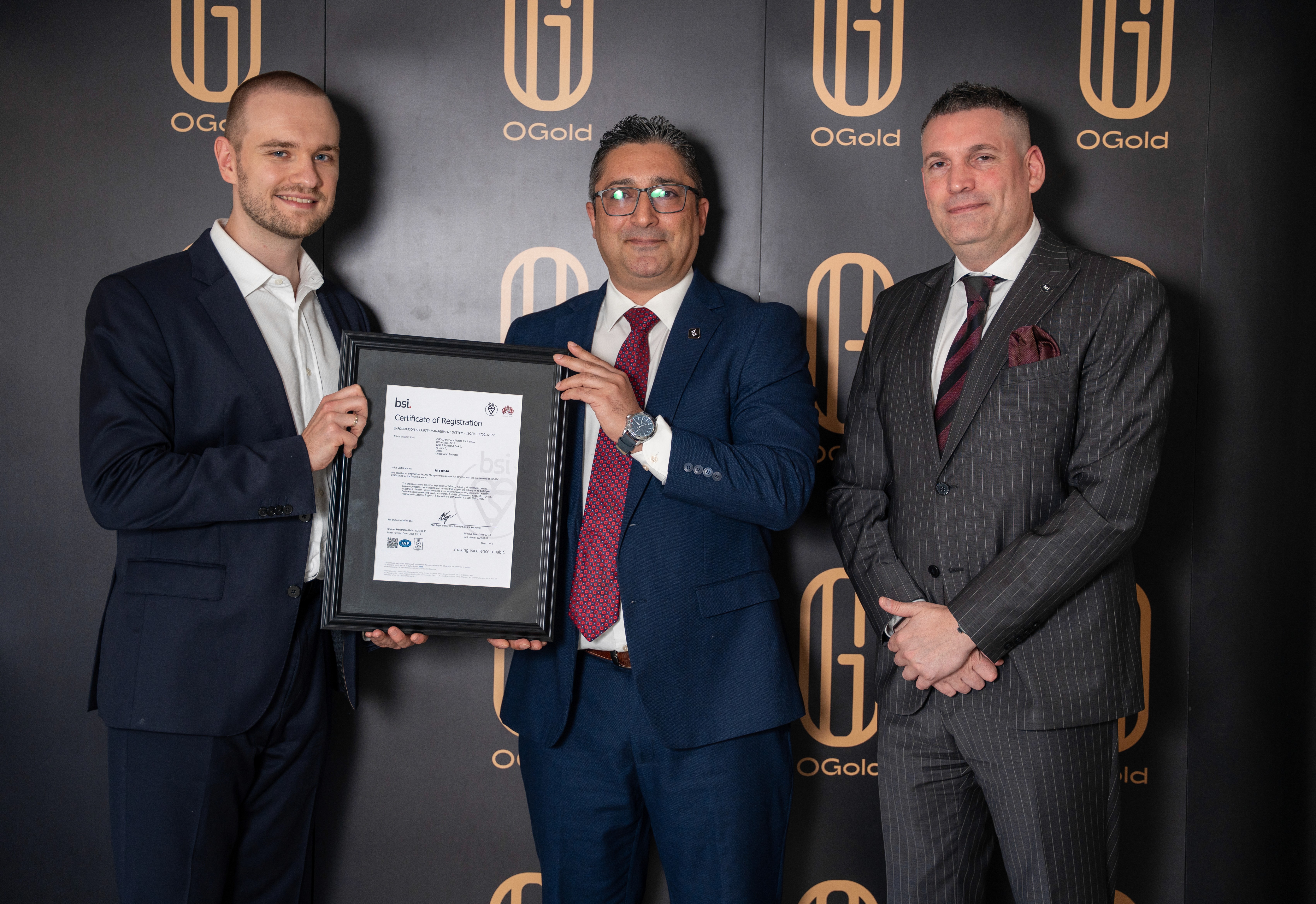 Dynova's founder at the BSI Group handover of OGold's ISO 27001:2022 certificate, representing the Dynova vCISO team that led the certification programme.