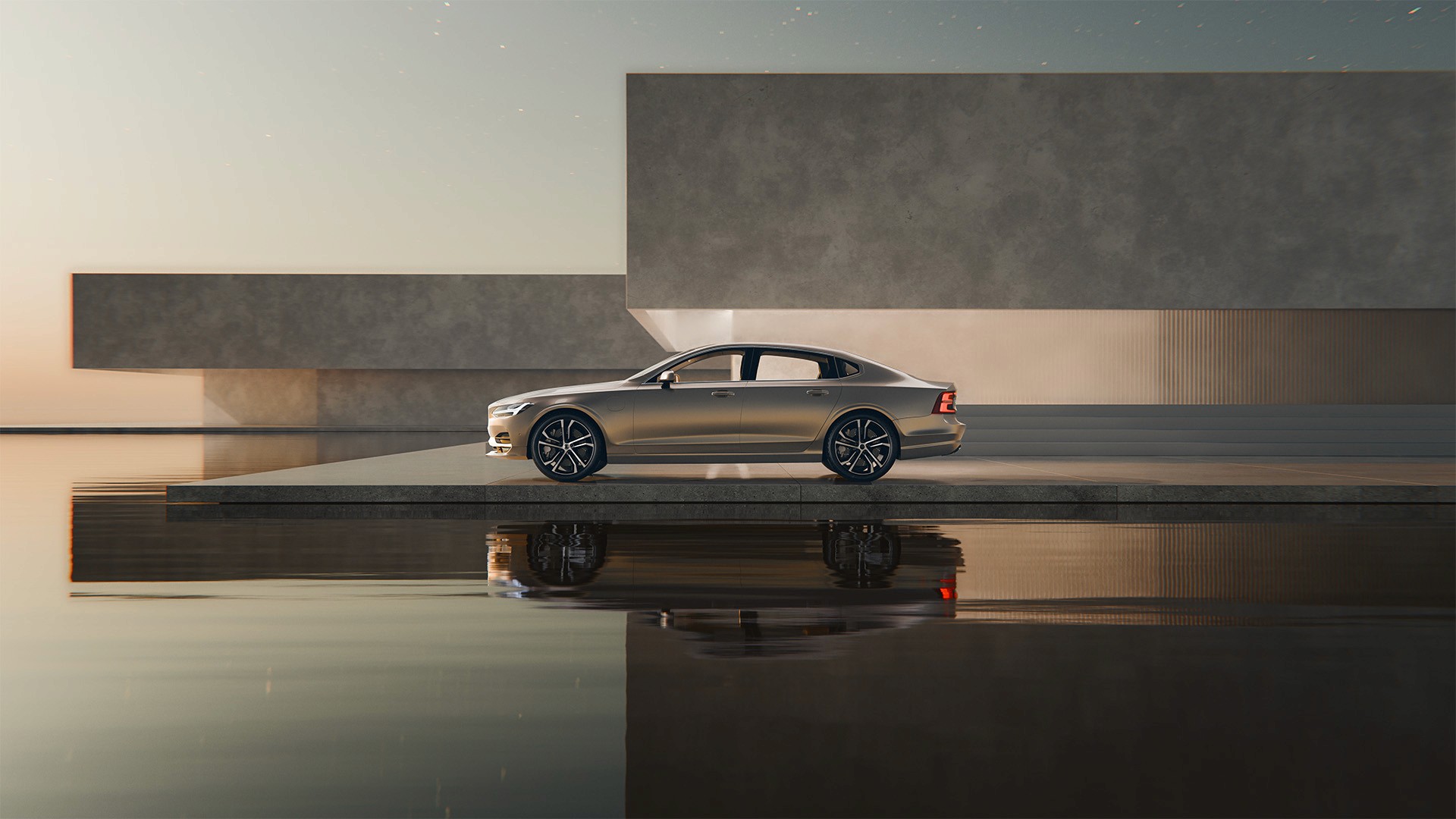 Side view CGI car visualization of Volvo S90 in studio light