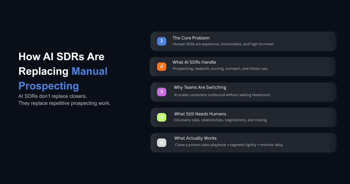 AI SDR workflow infographic showing automated prospecting, outreach, lead scoring, and human-led sales closing tasks.