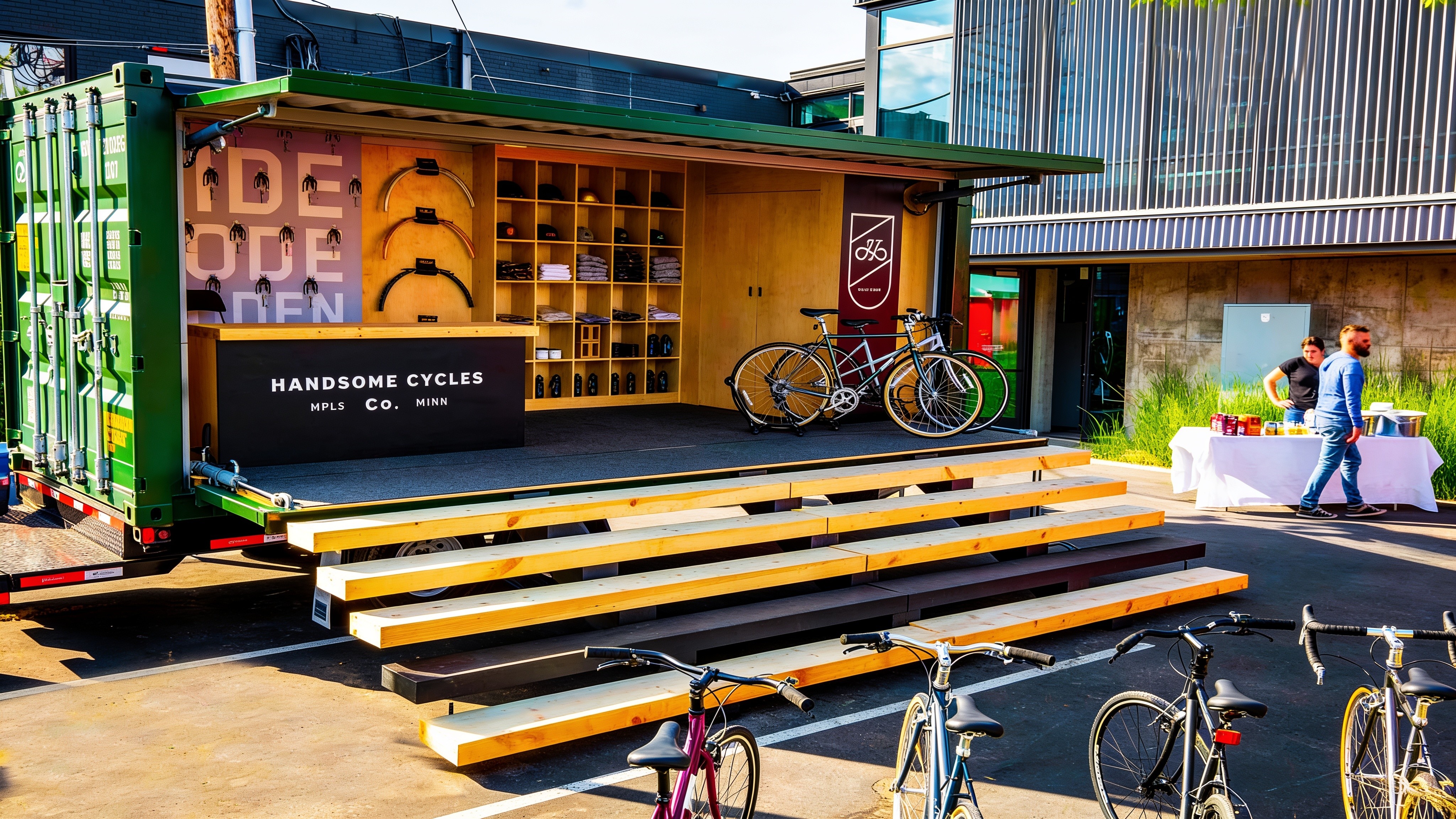 Shipping-container bike shop with two PowerLift clam-shell doors open