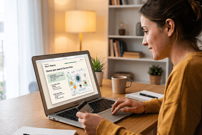 Woman selecting a service point at checkout on her laptop, showing flexible delivery options for online shopping